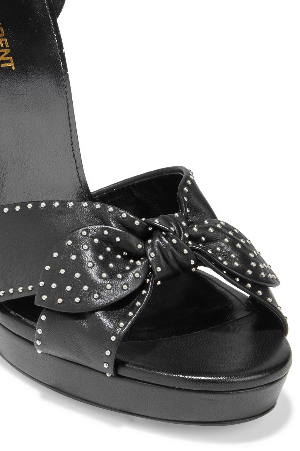SAINT LAURENT Bow-embellished studded leather and suede platform sandals