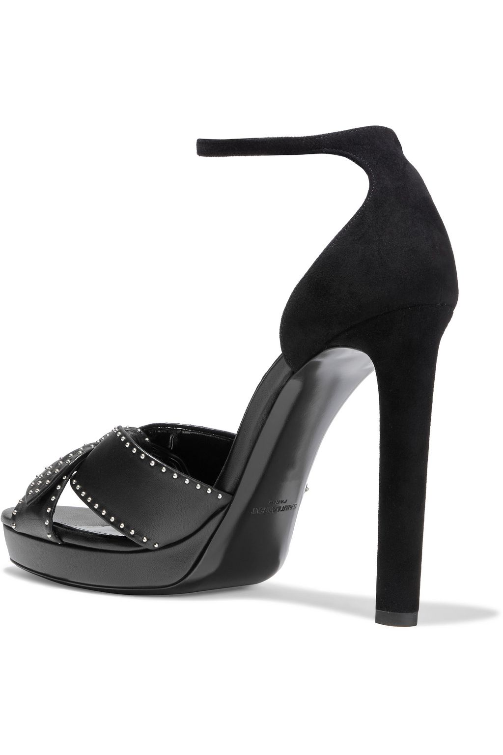 SAINT LAURENT Bow-embellished studded leather and suede platform sandals
