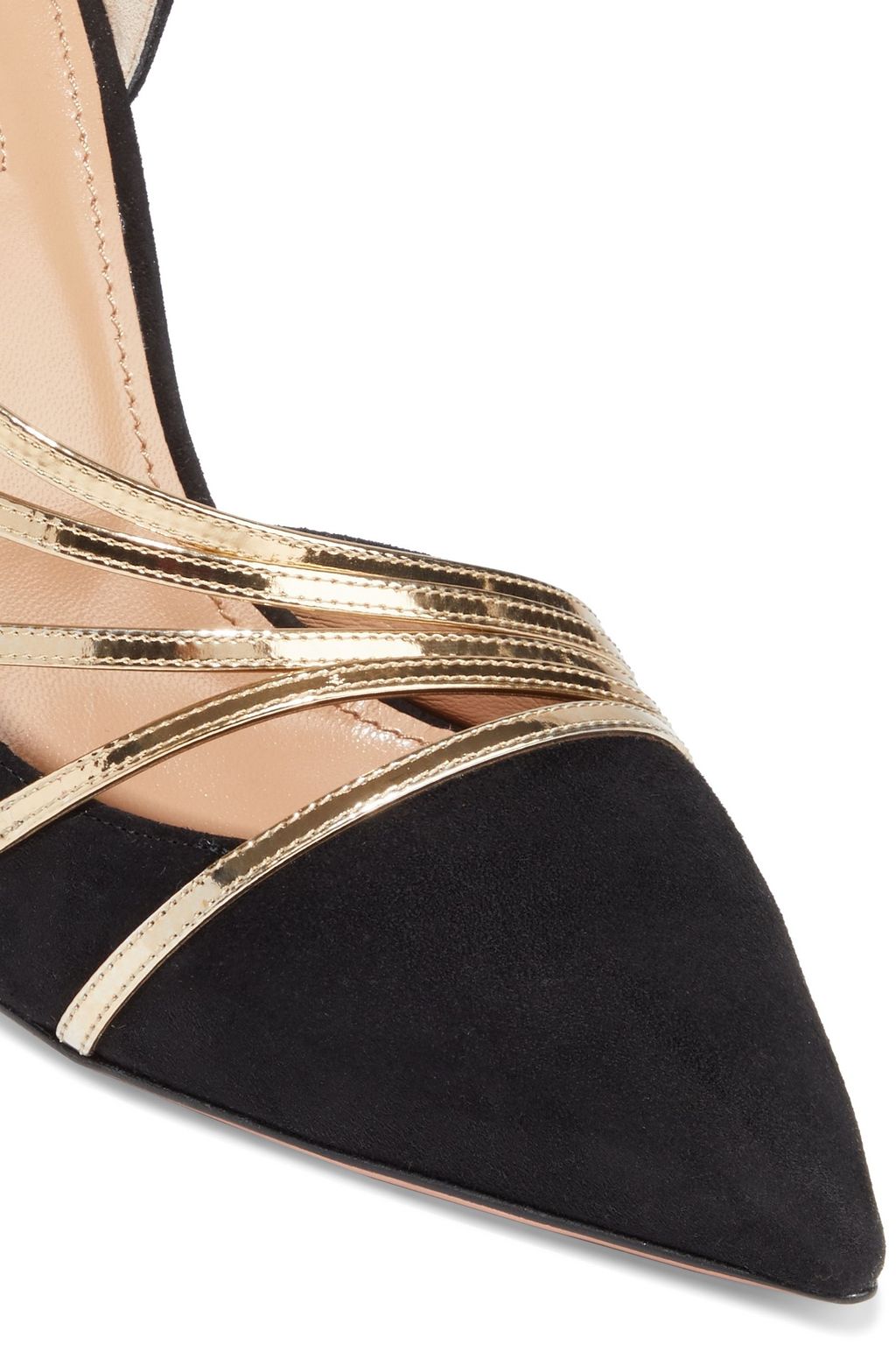 AQUAZZURA Minou 105 metallic leather-trimmed suede pumps
