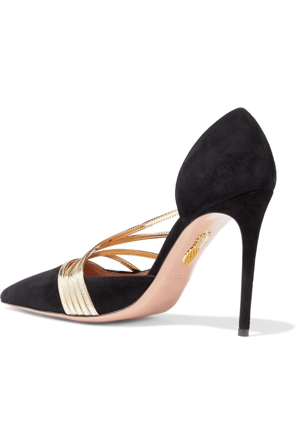 AQUAZZURA Minou 105 metallic leather-trimmed suede pumps