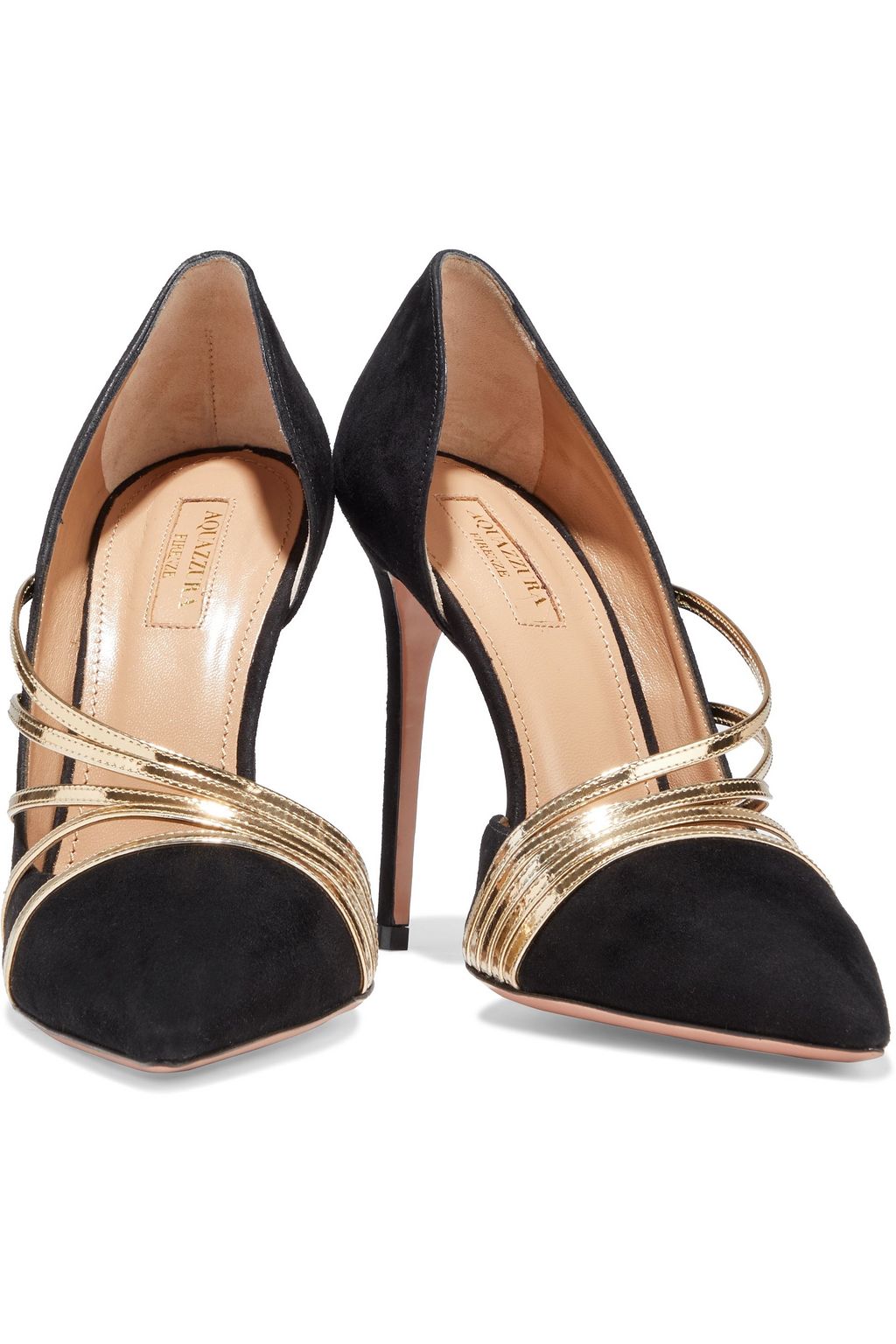 AQUAZZURA Minou 105 metallic leather-trimmed suede pumps
