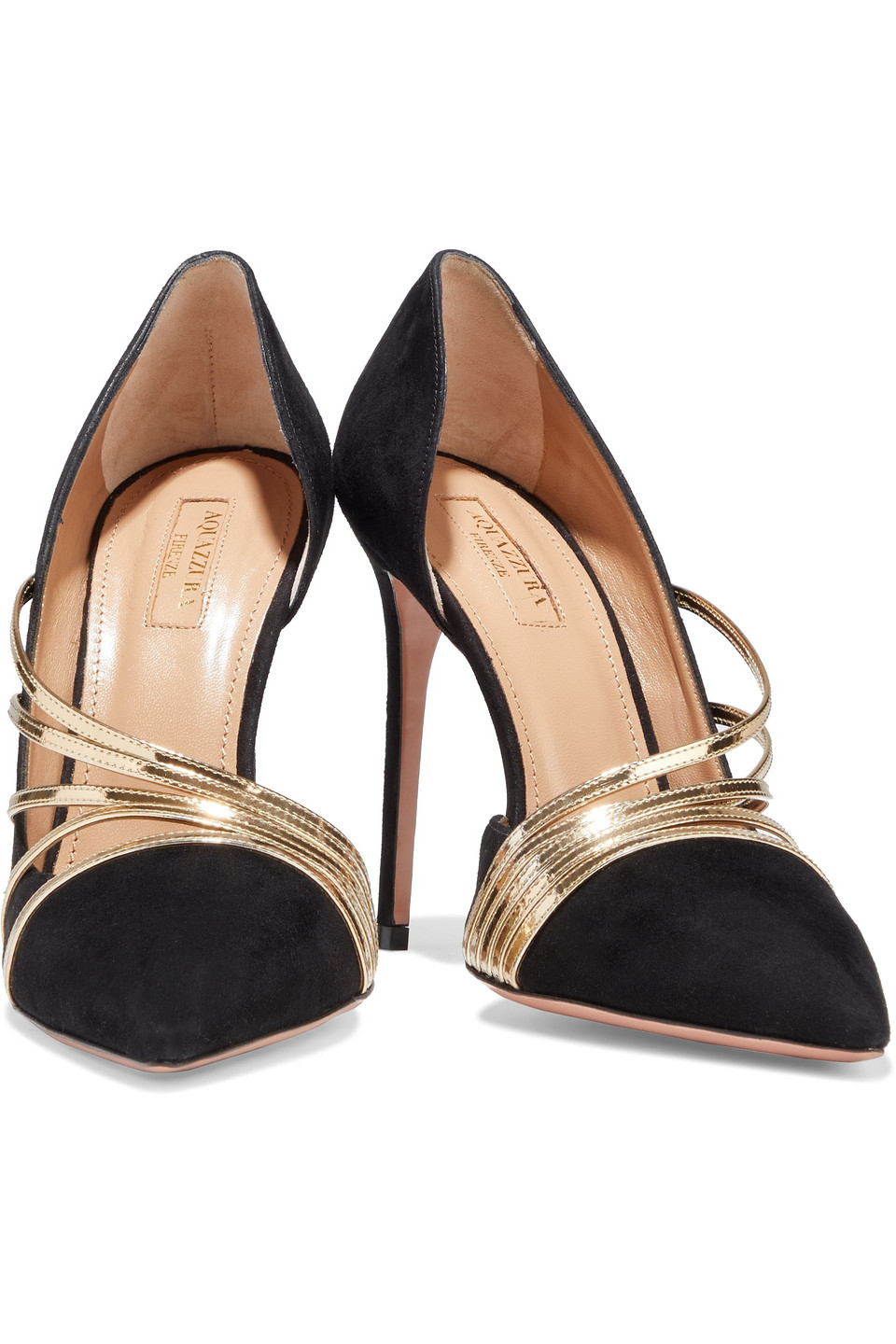 Click to view more detailed imagery on our partner's website Aquazzura Minou 105 Metallic Leather-trimmed Suede Pumps In Black