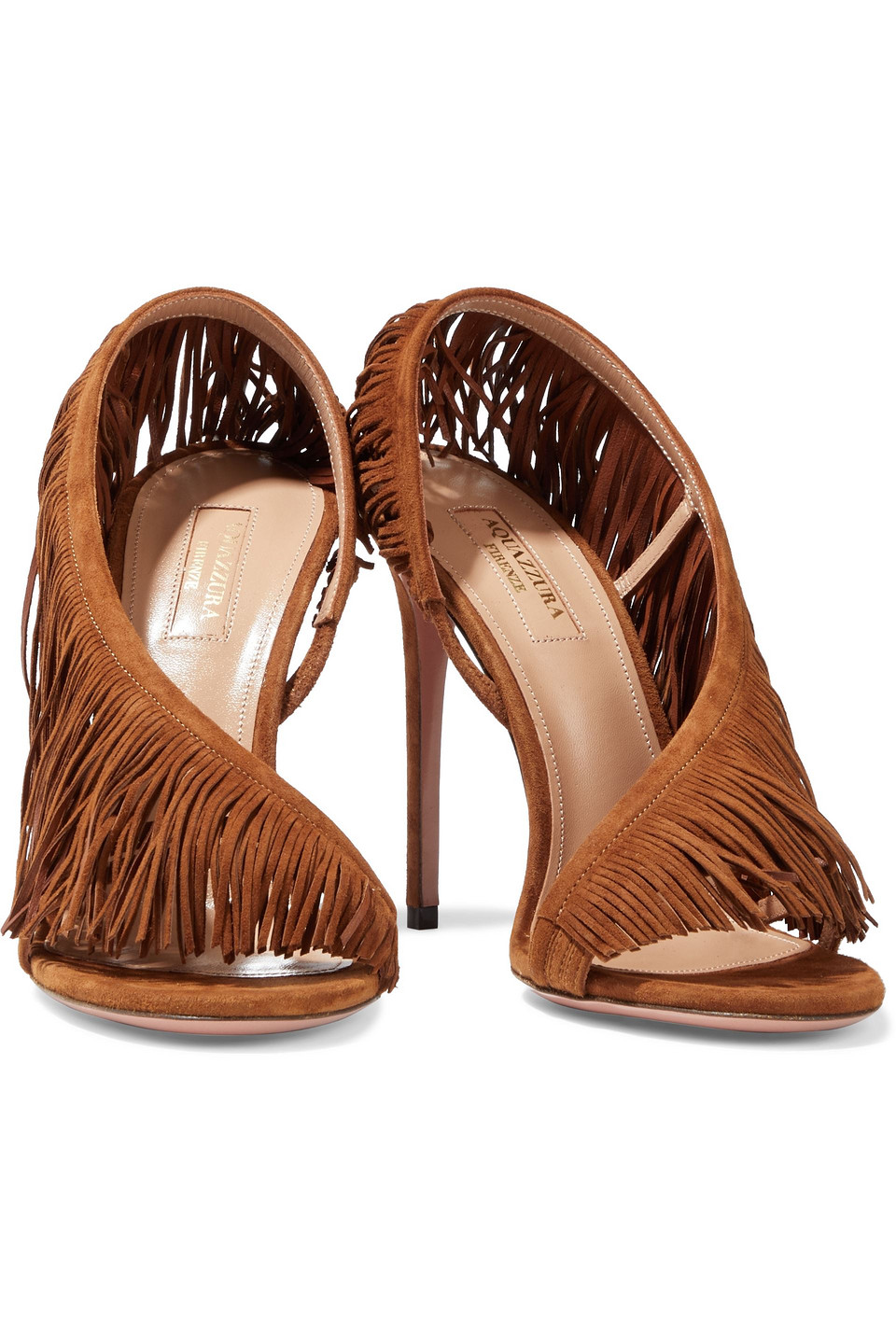Click to view more detailed imagery on our partner's website Aquazzura Wild Fringe 105 Suede Sandals In Brown