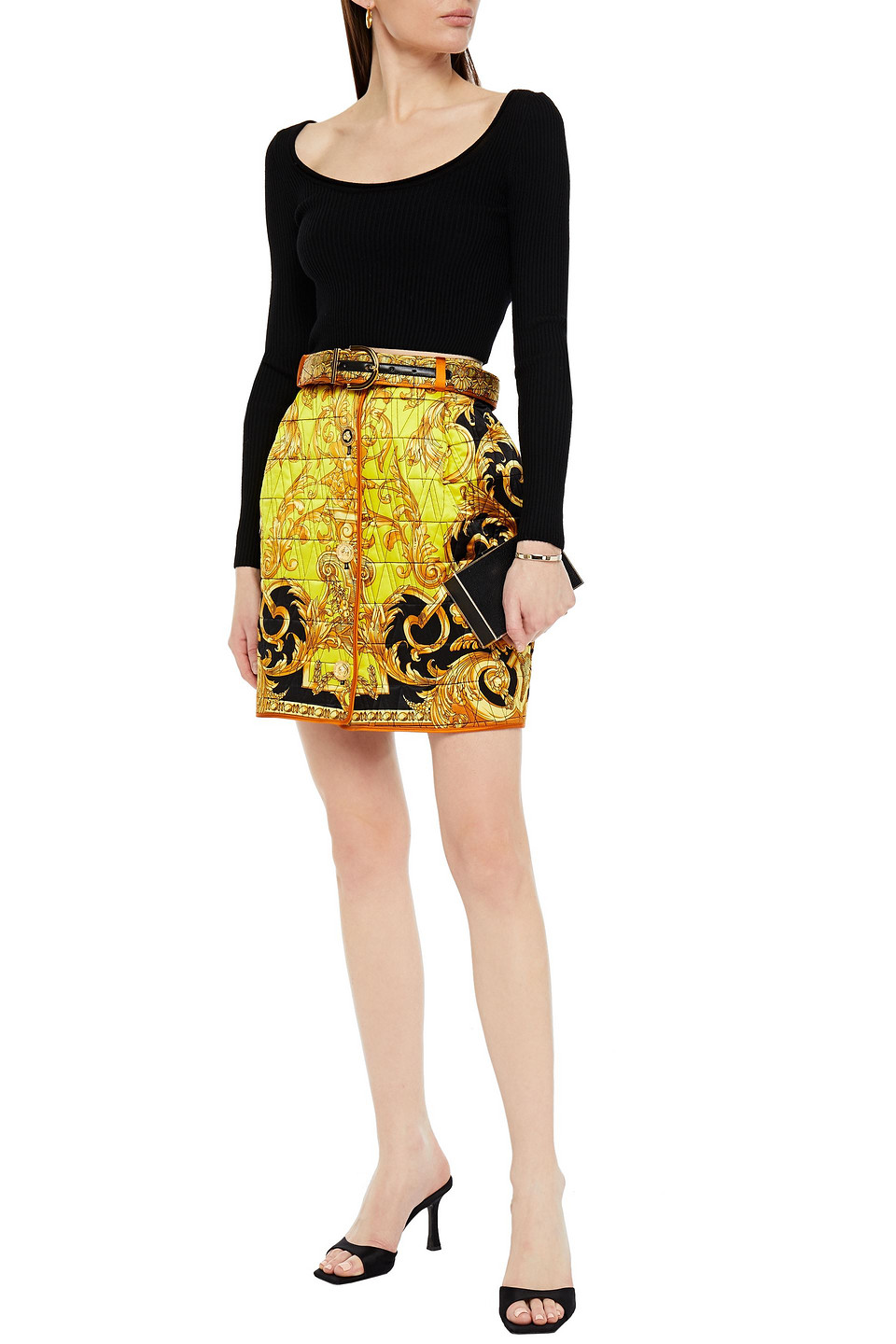  Versace - Minirock Aus Gestepptem Seidensatin Mit Print Und Lederbesatz - Gelb - It 40 