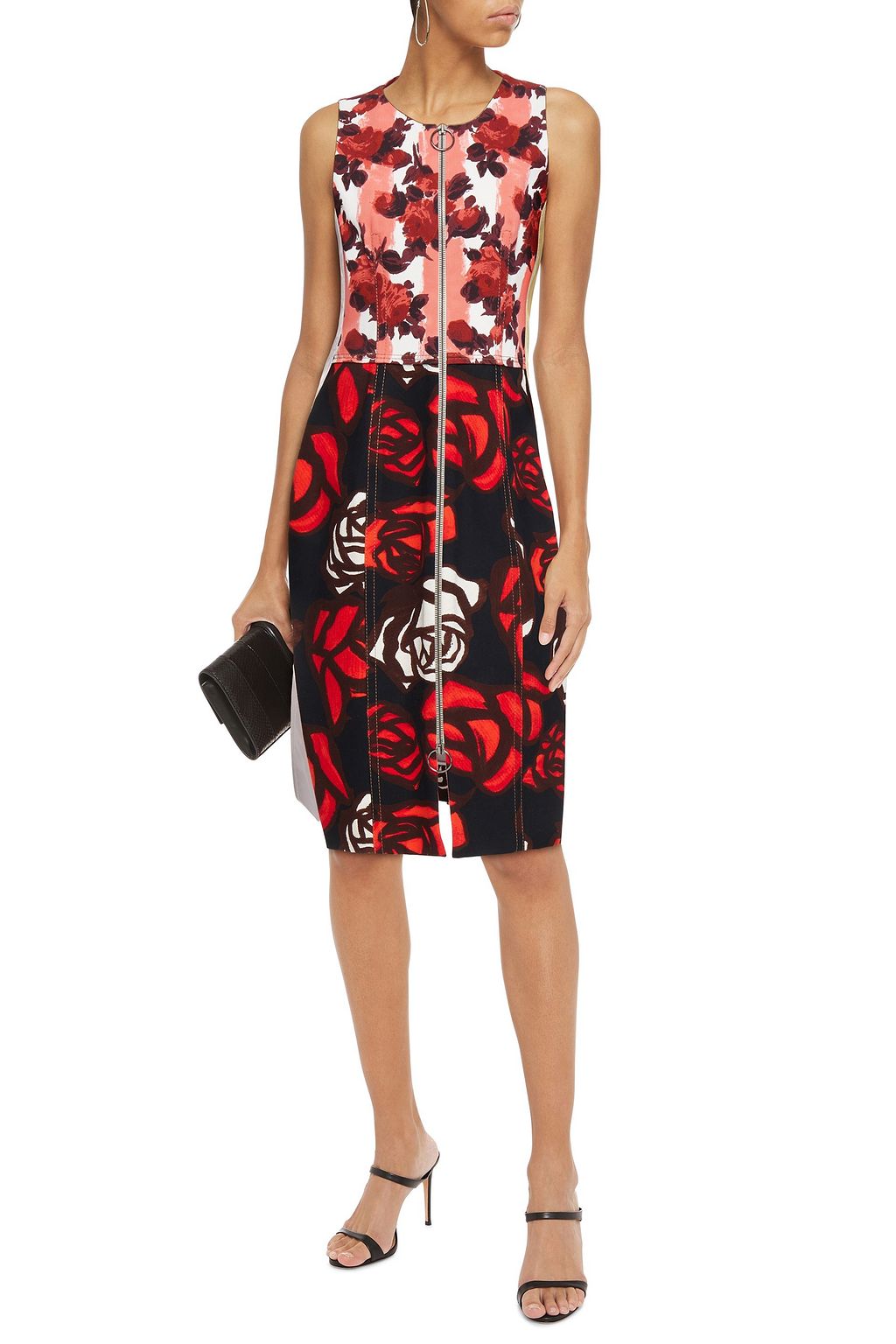 MARNI Leather-paneled floral-print cotton-blend drill dress