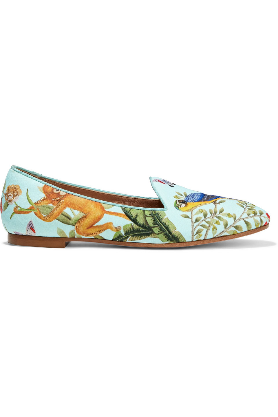 Aquazzura Woman + De Gournay Amazonia Embroidered Printed Crepe Loafers Mint Size 35