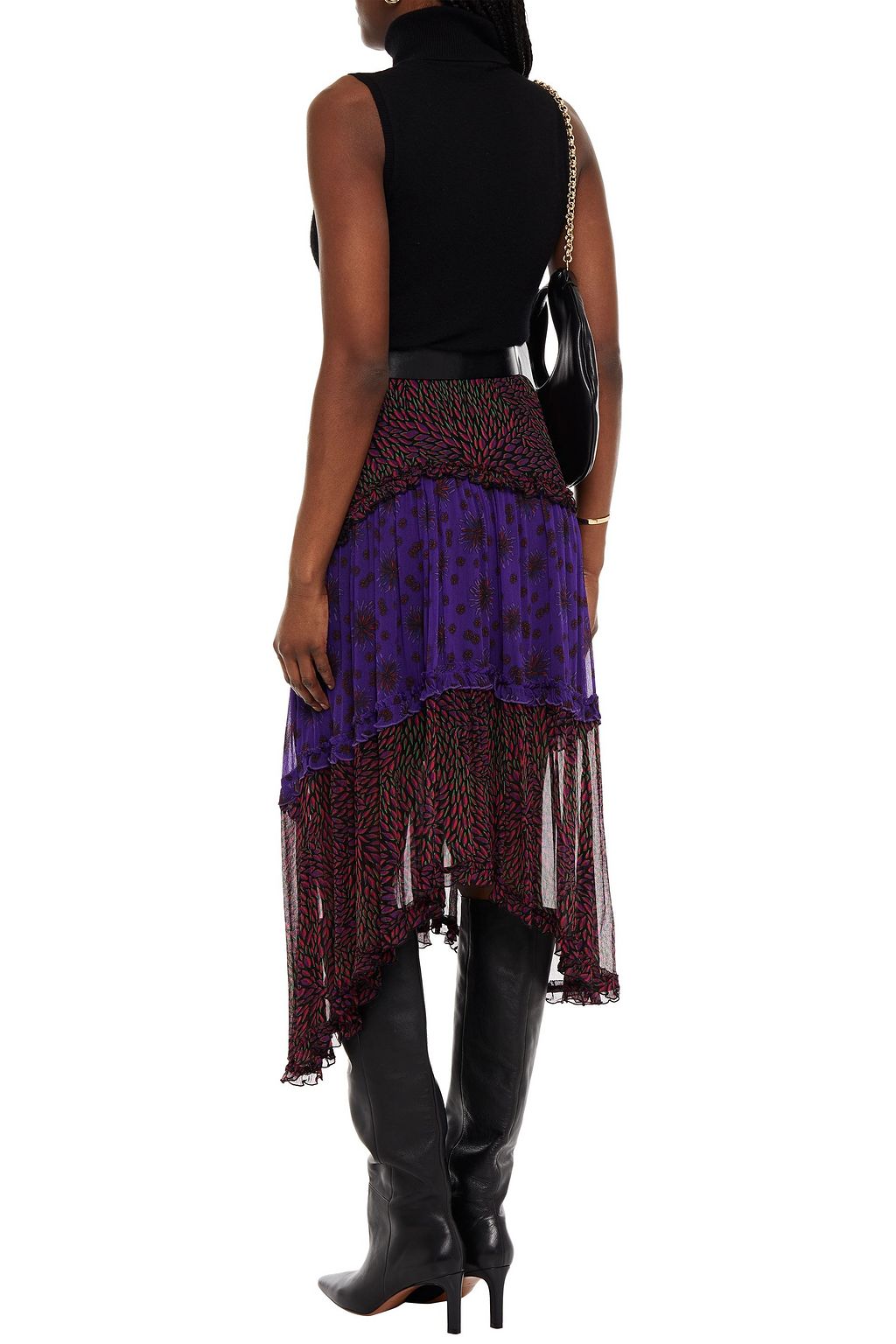 BA&SH Gapi asymmetric tiered printed crepon midi skirt
