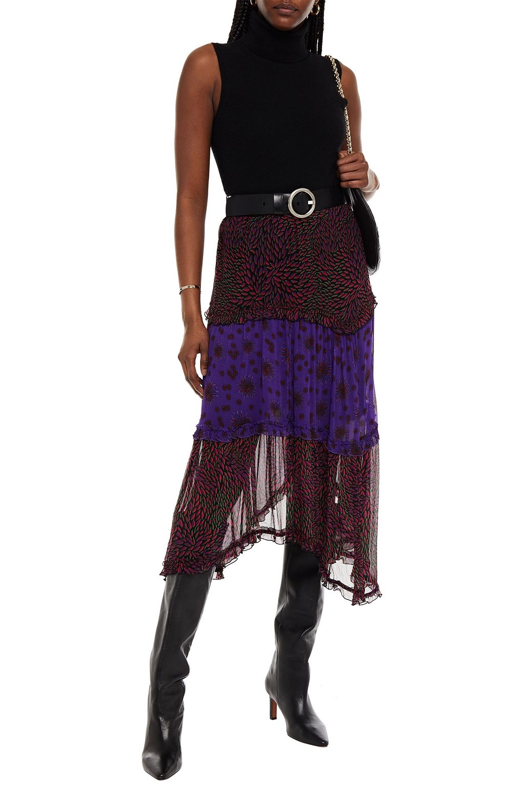BA&SH Gapi asymmetric tiered printed crepon midi skirt