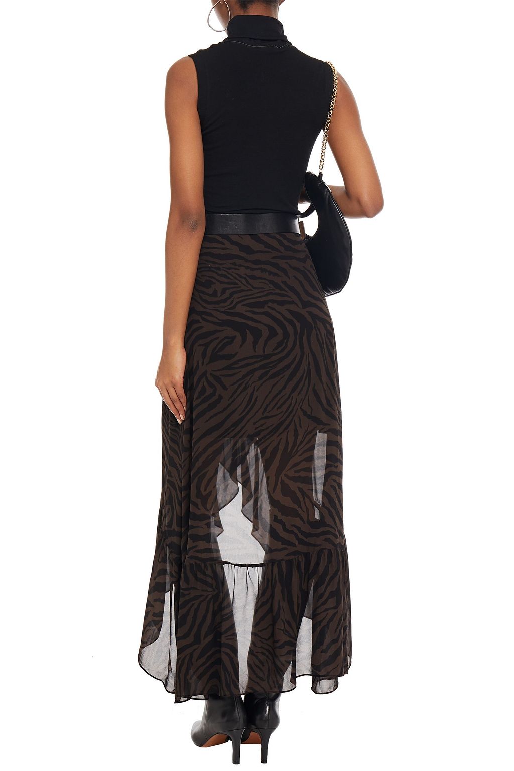 BA&SH Asymmetrischer Midirock aus Georgette mit Zebraprint und Rüschen