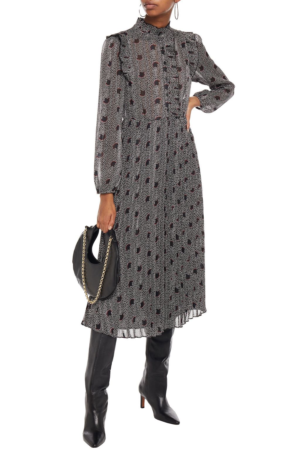 BA&SH Paris ruffle-trimmed pleated metallic printed jacquard midi dress