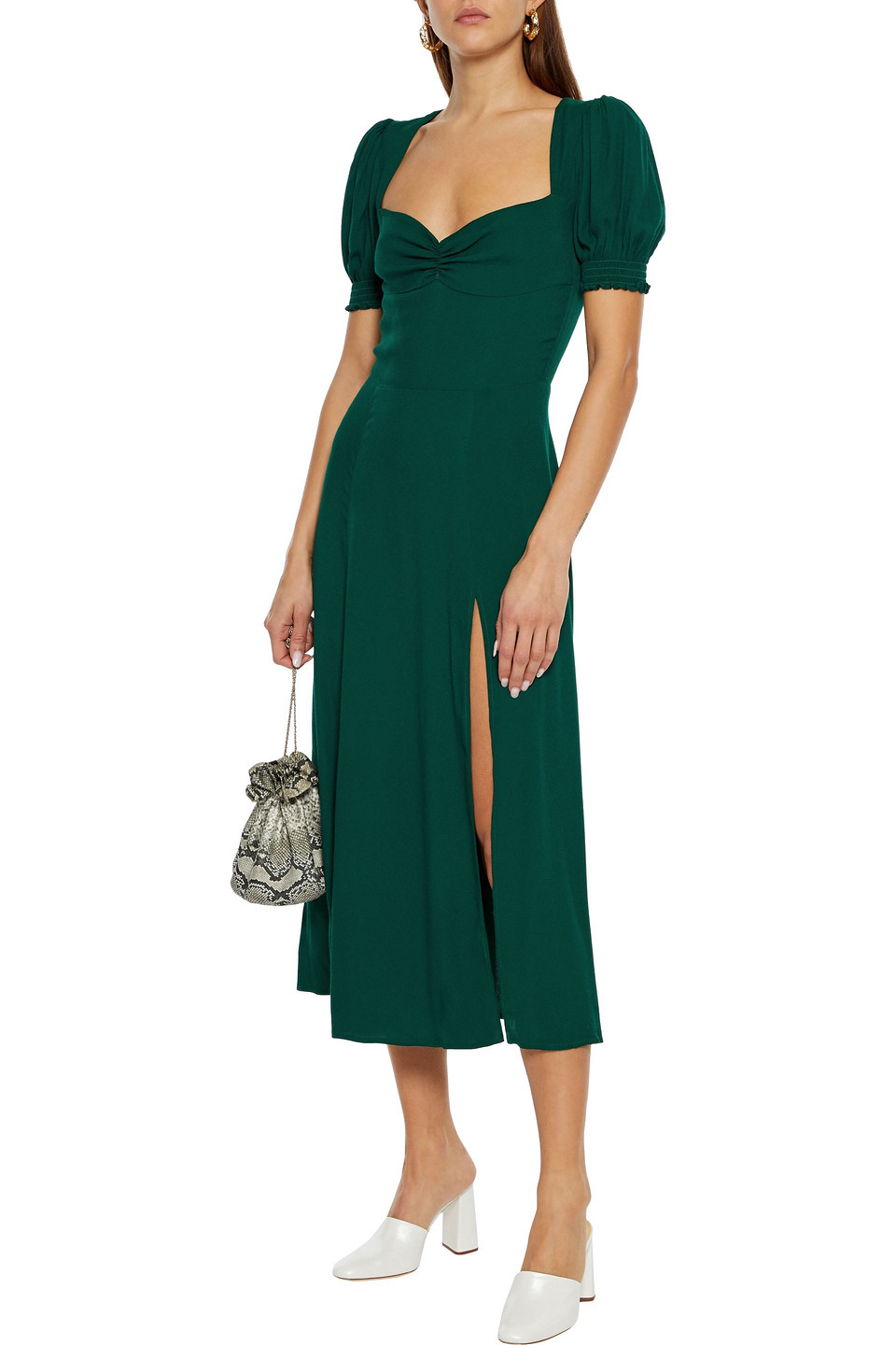 Click to view more detailed imagery on our partner's website Reformation Lacey Ruched Crepe Midi Dress In Emerald