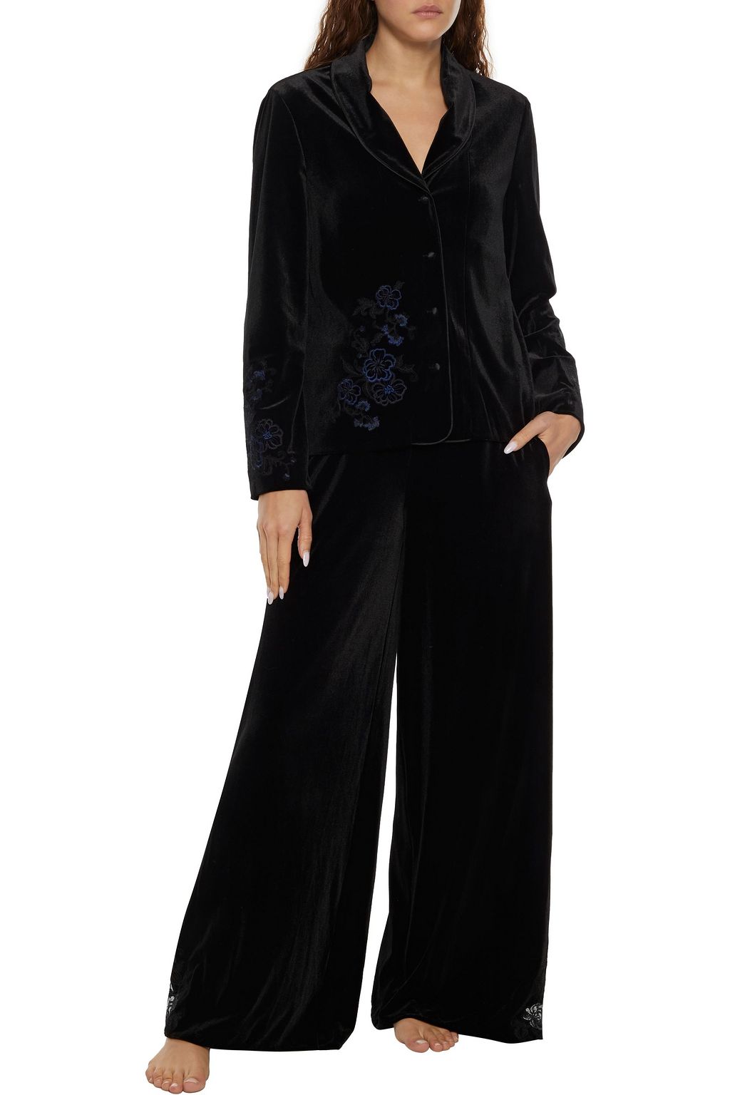 MYLA Devonshire embroidered stretch-velvet pajama top