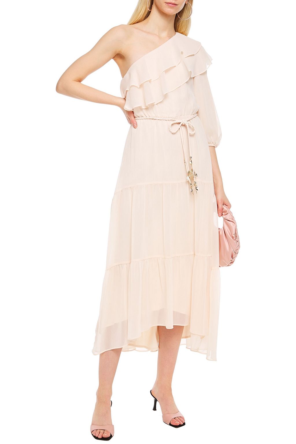 MAJE One-shoulder ruffled georgette midi dress