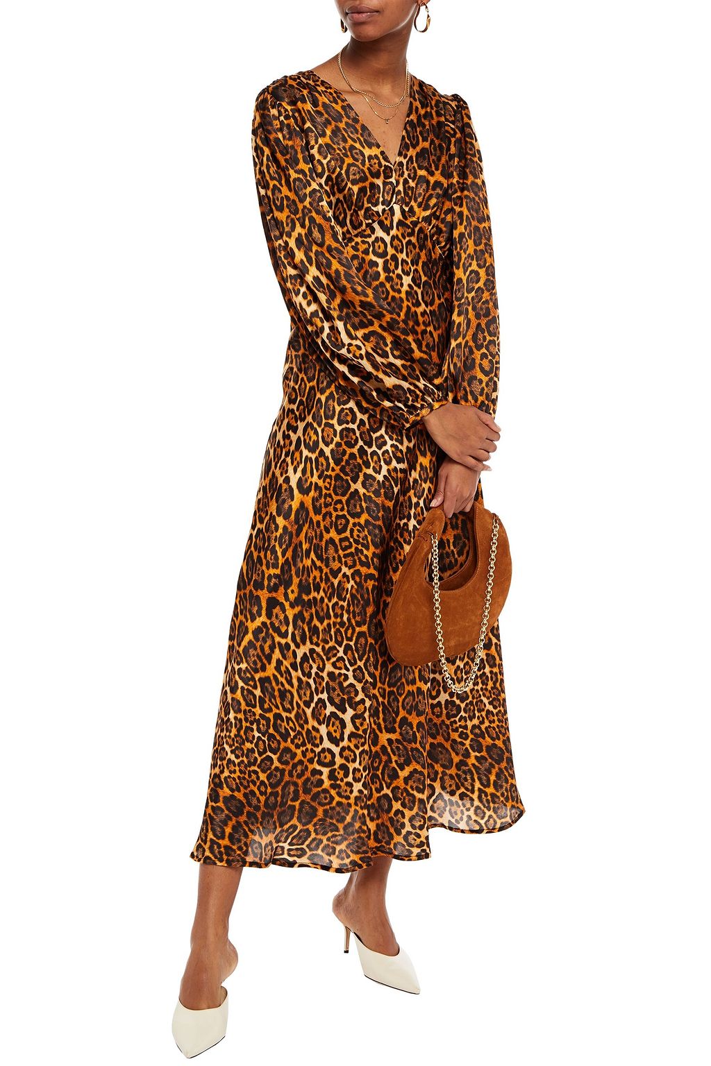 PAUL & JOE Gathered leopard-print silk-satin midi dress