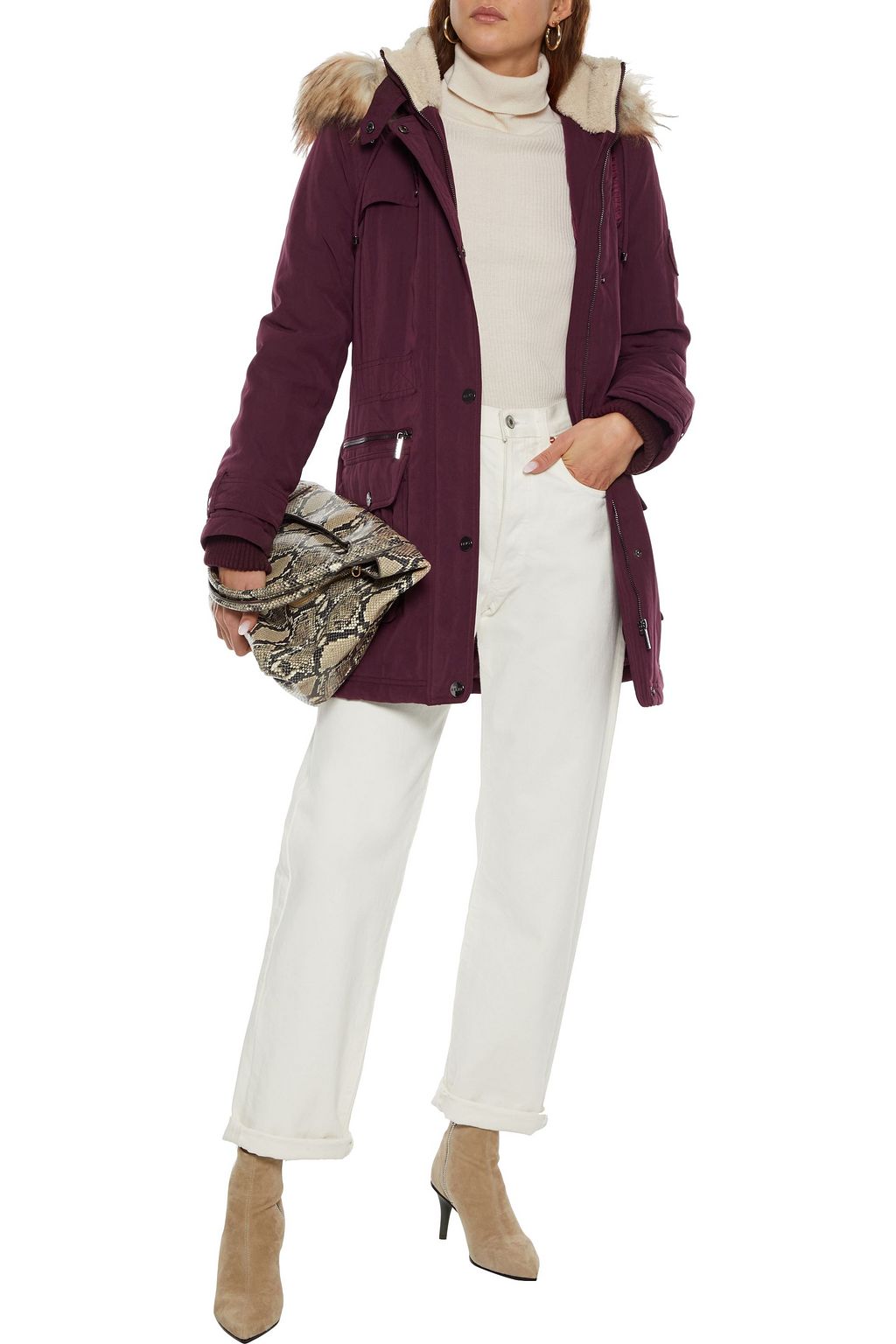 DKNY Faux fur-trimmed washed-twill hooded parka