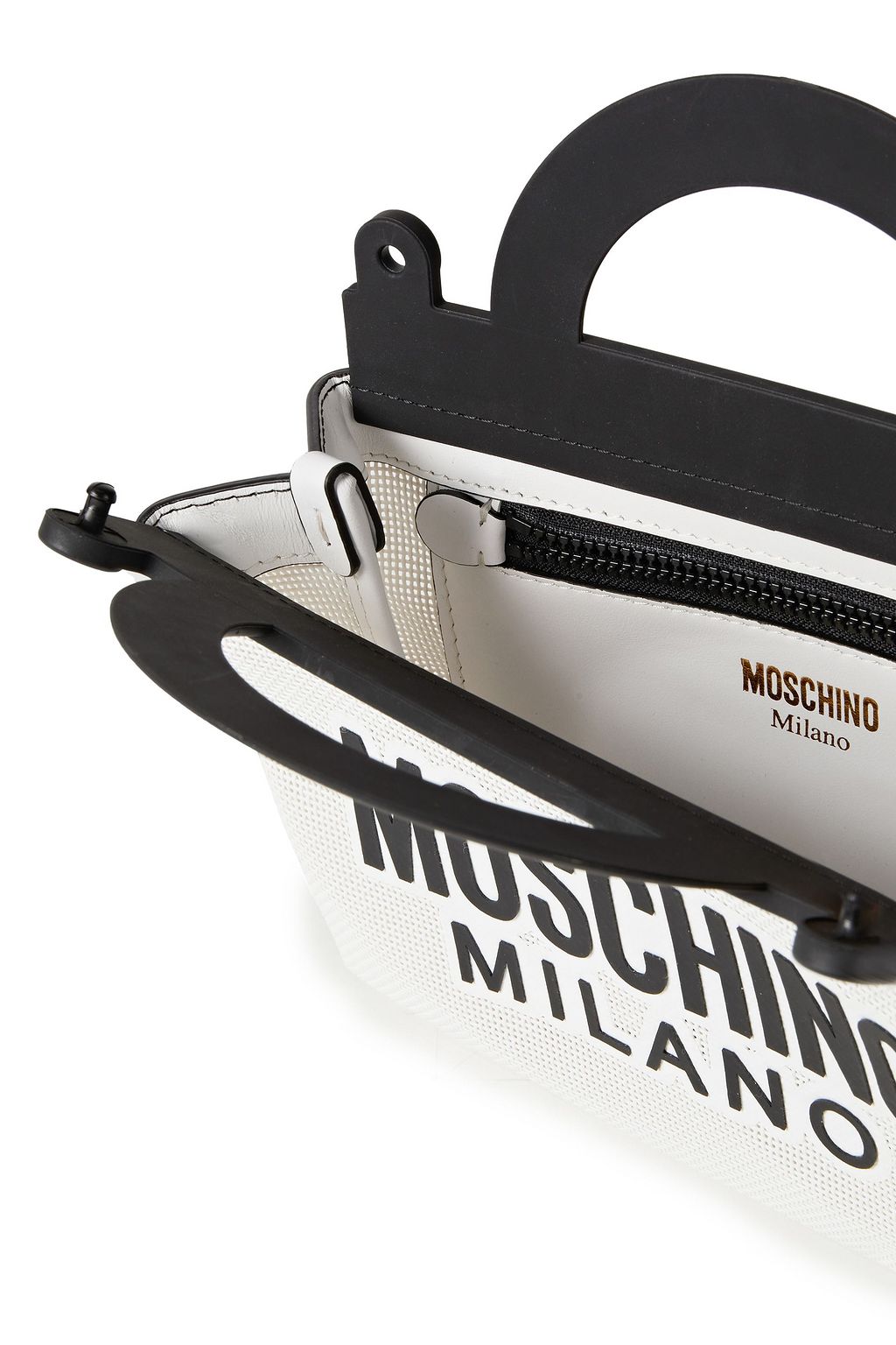 MOSCHINO Leather and PVC-trimmed printed mesh tote