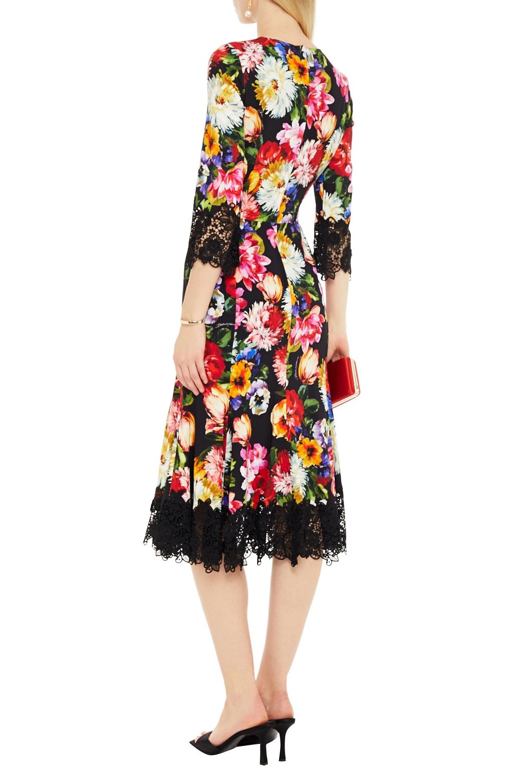 DOLCE&GABBANA Midikleid aus Crêpe mit floralem Print und Guipure-Spitzenbesatz