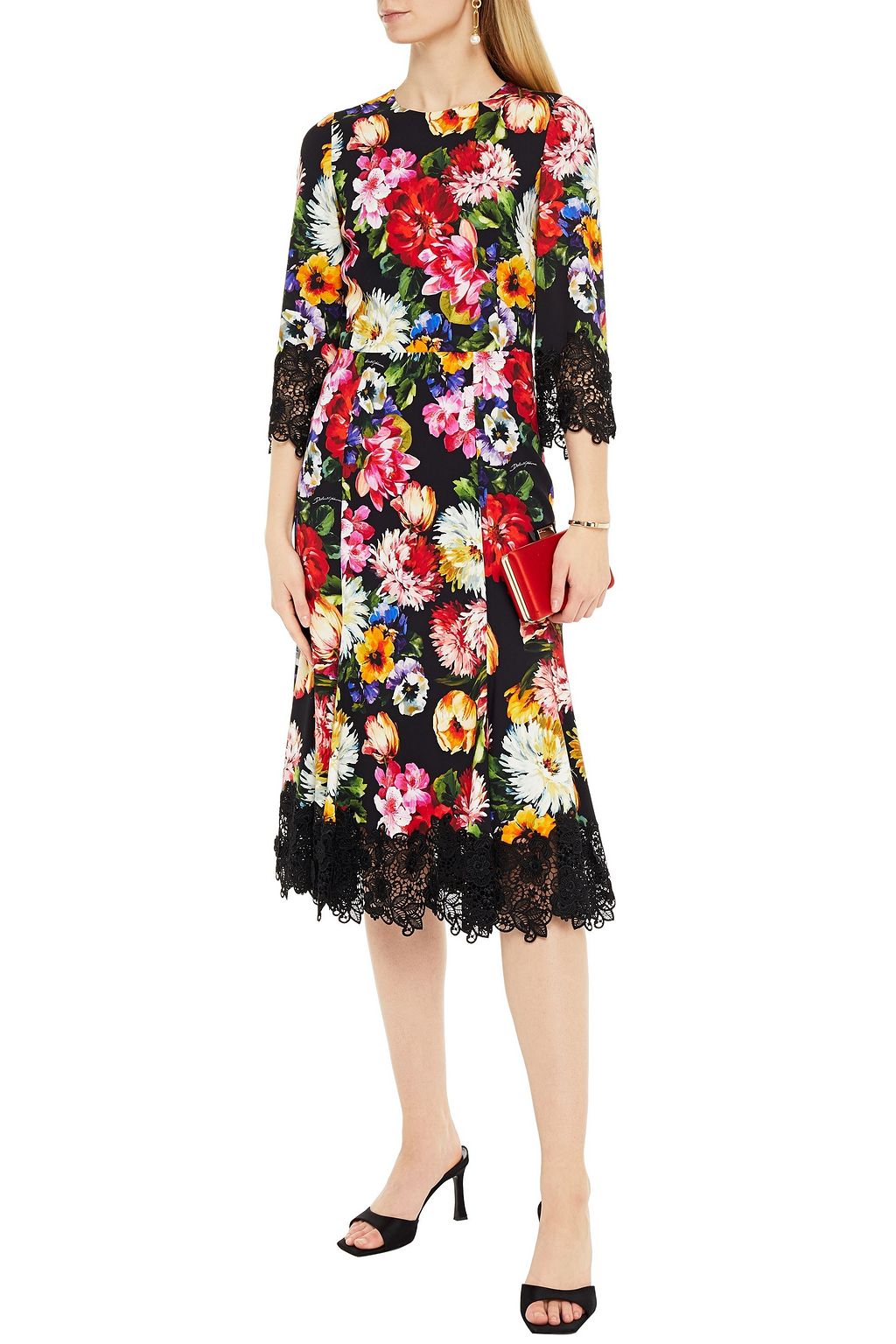 DOLCE&GABBANA Midikleid aus Crêpe mit floralem Print und Guipure-Spitzenbesatz