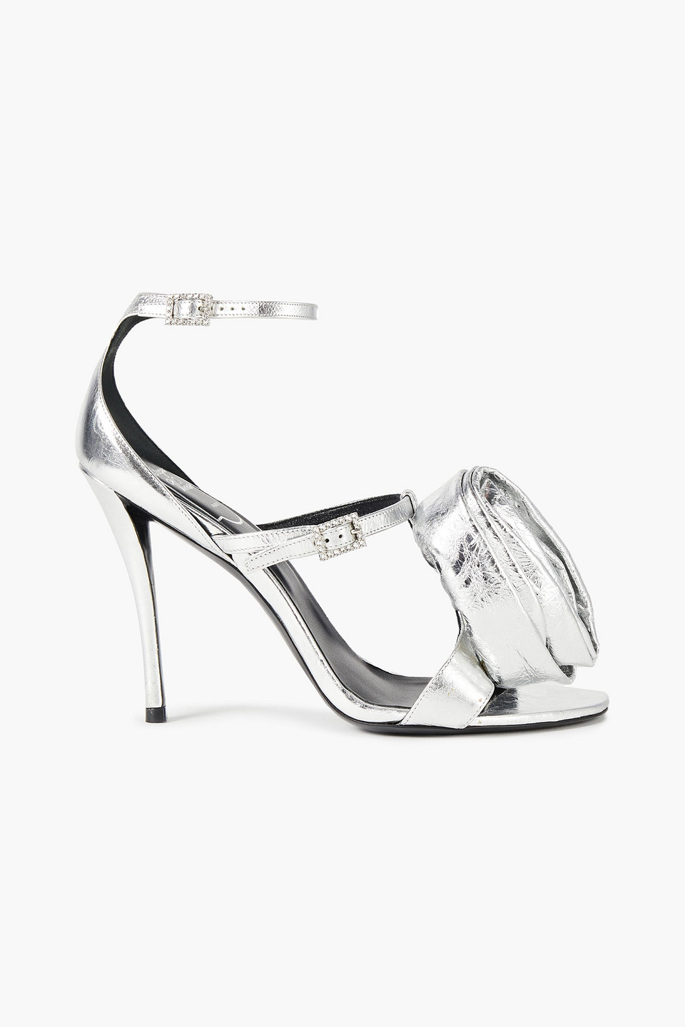 Rose 'N Roll appliquéd metallic crinkled-leather sandals