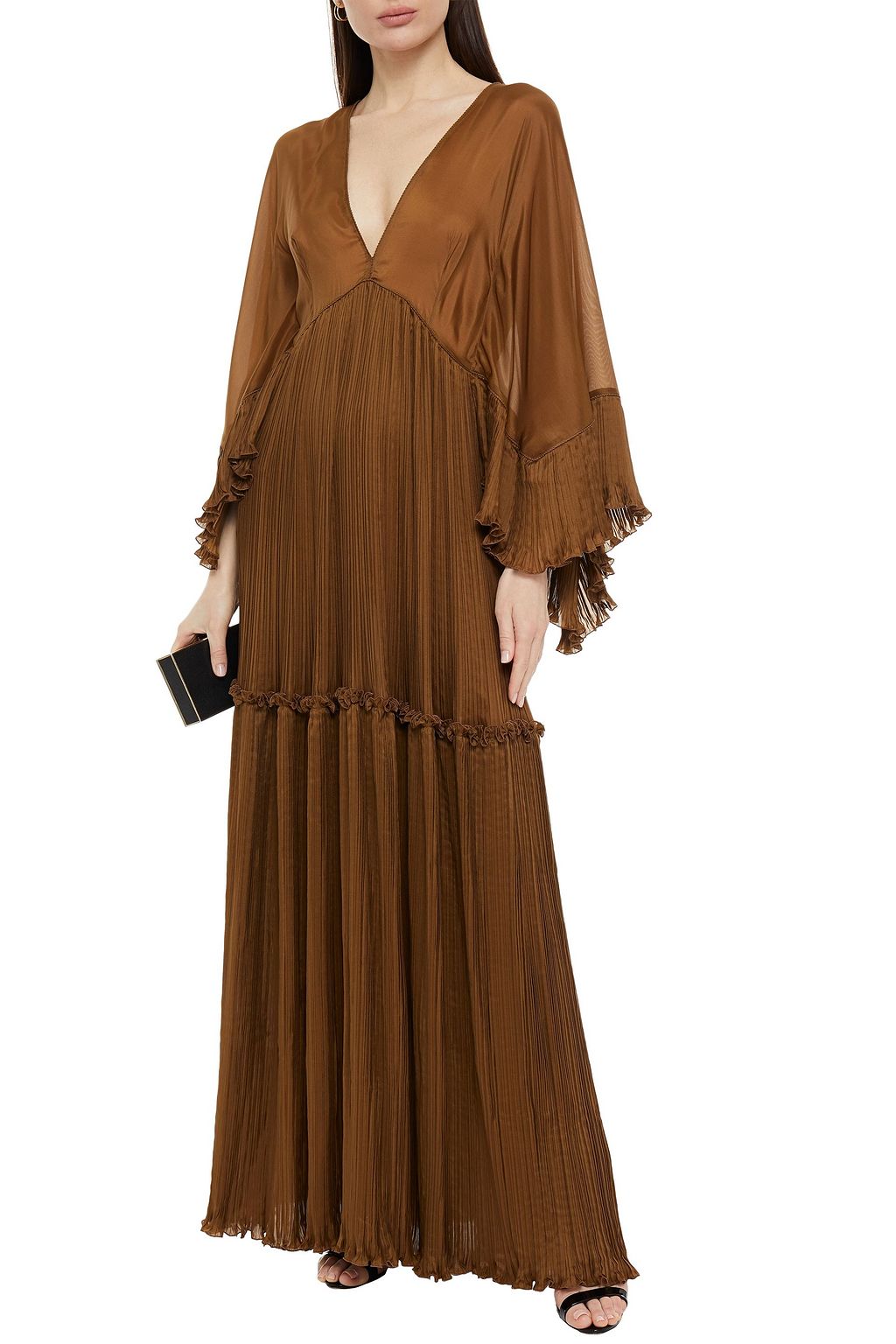 ALBERTA FERRETTI Plissé silk-blend charmeuse gown