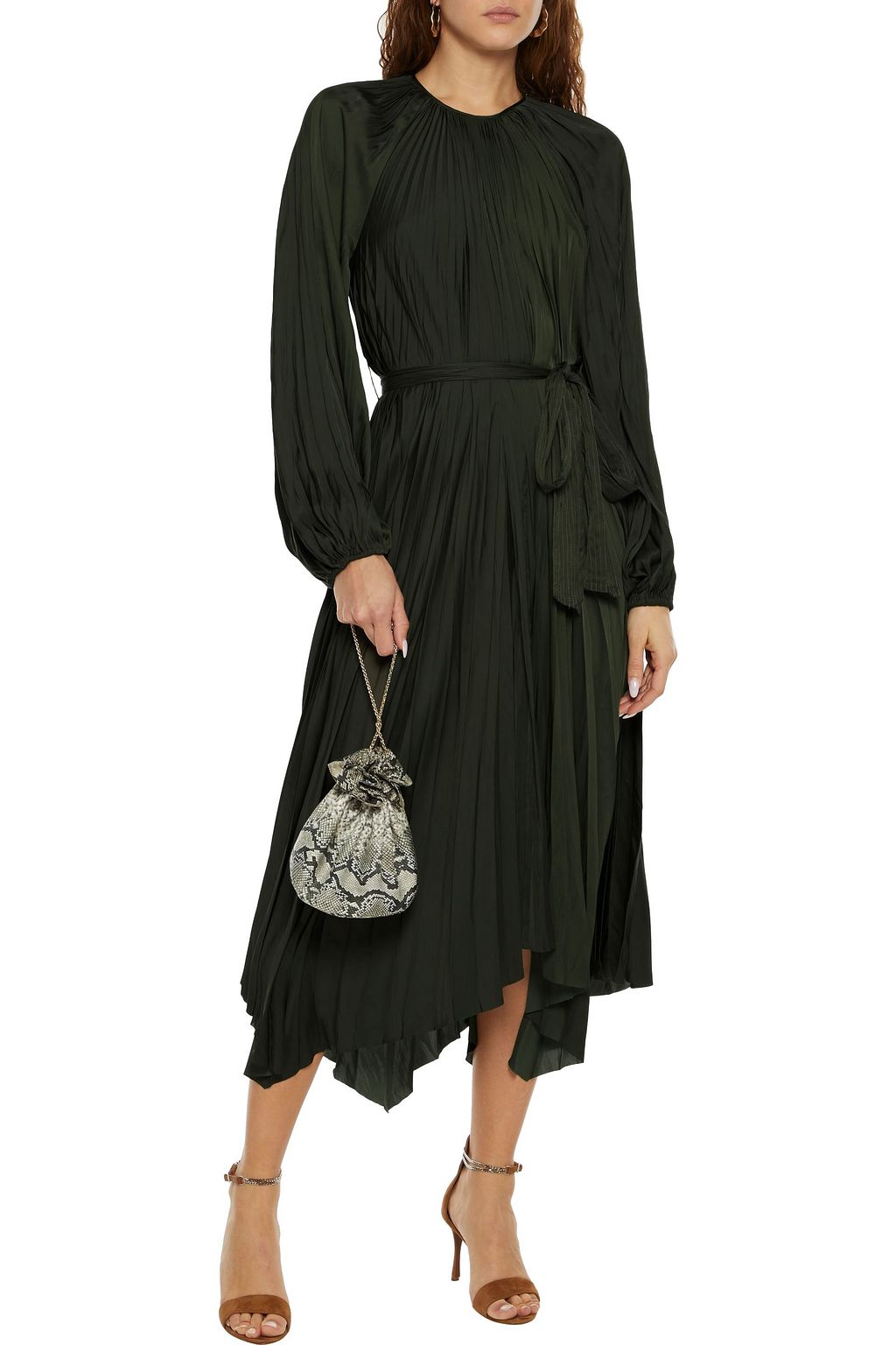 ULLA JOHNSON Yalena asymmetric pleated crinkled-satin midi dress