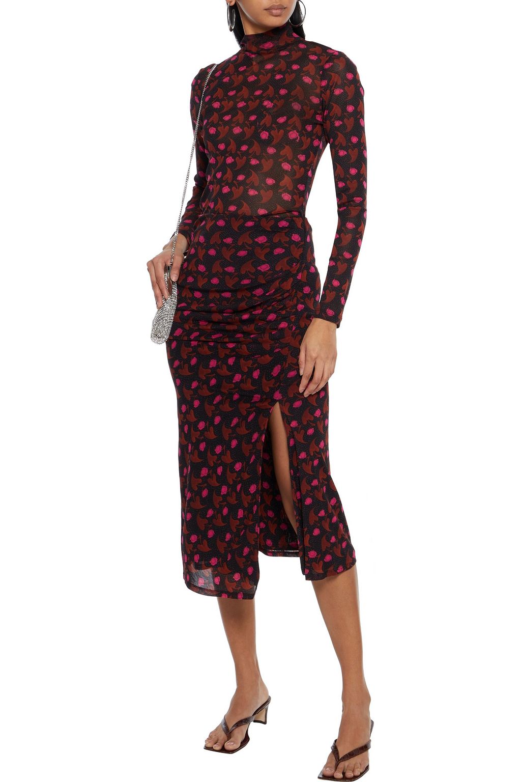 DIANE VON FURSTENBERG Edna ruched printed stretch-mesh midi skirt
