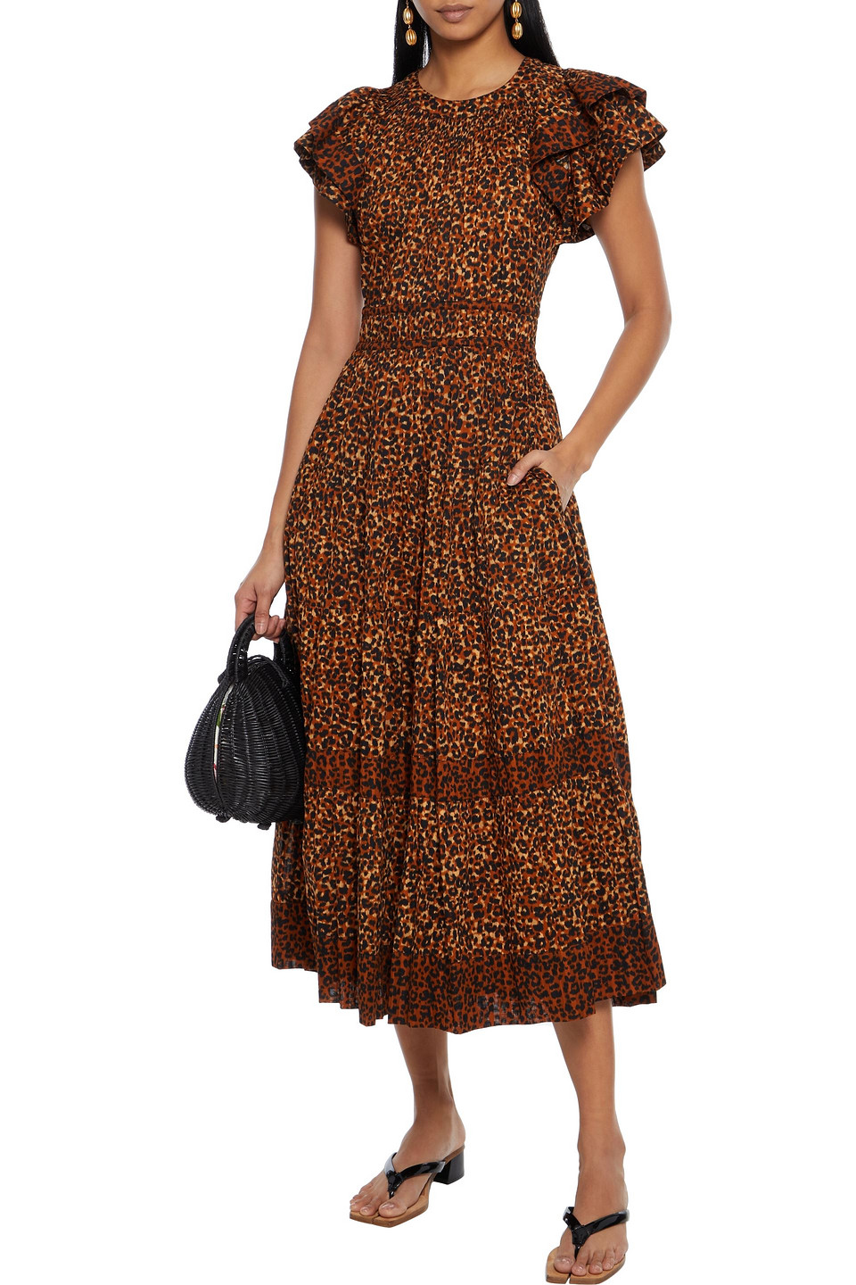 ULLA JOHNSON IONA PINTUCKED LEOPARD-PRINT COTTON-VOILE MIDI DRESS