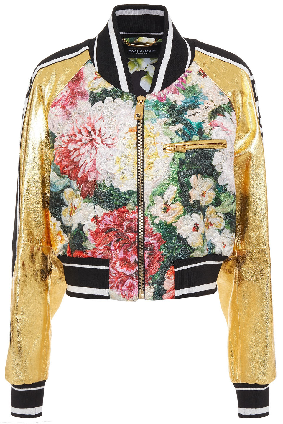 dolce & gabbana - metallic leather and floral-brocade bomber jacket - metallic - it 42
