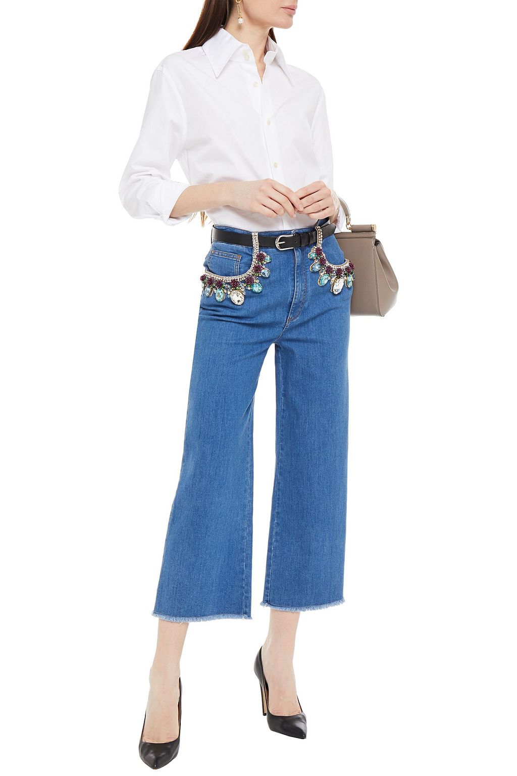 DOLCE & GABBANA Embellished cropped high-rise wide-leg jeans