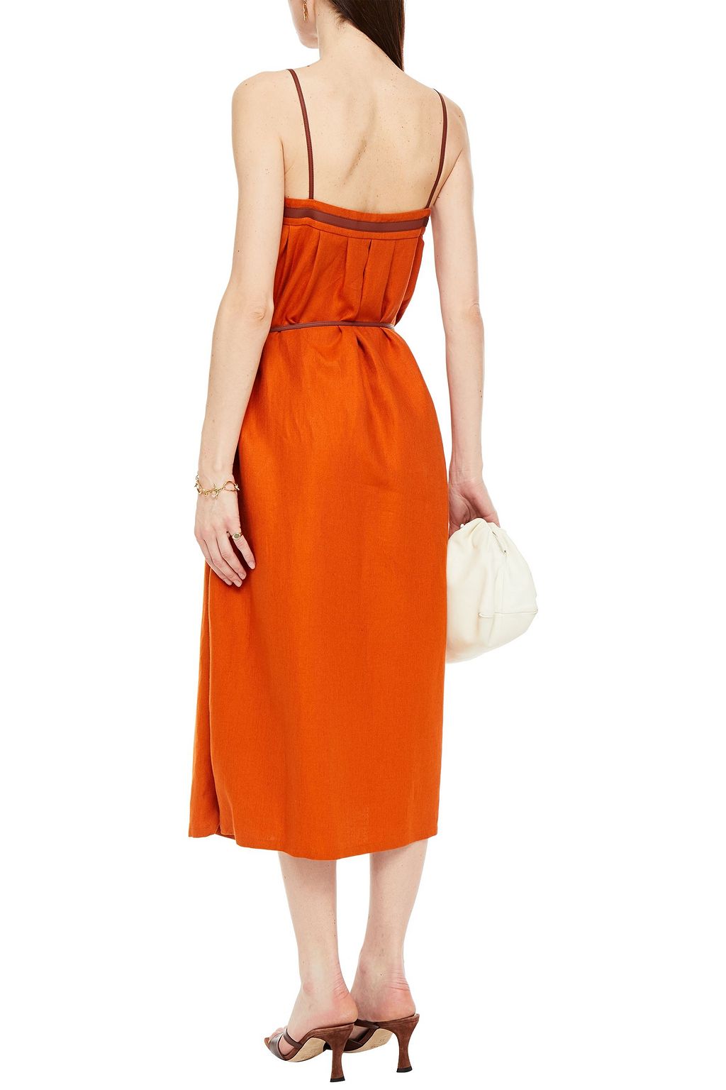 LORO PIANA Leather-trimmed pleated linen midi dress