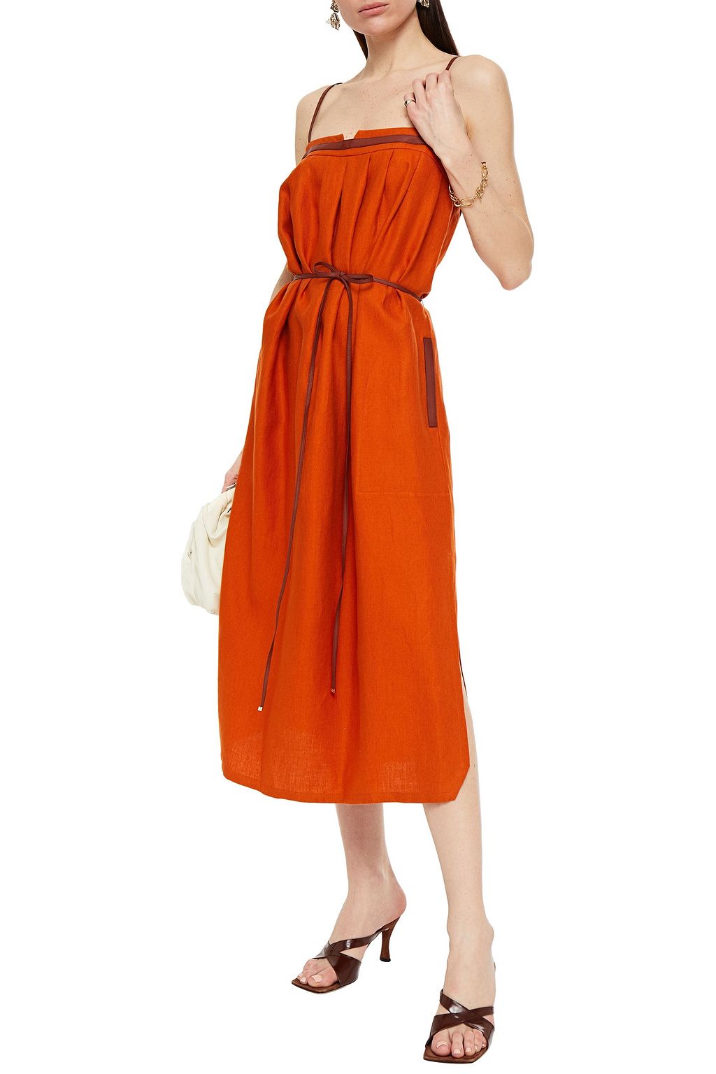 LORO PIANA Leather-trimmed pleated linen midi dress