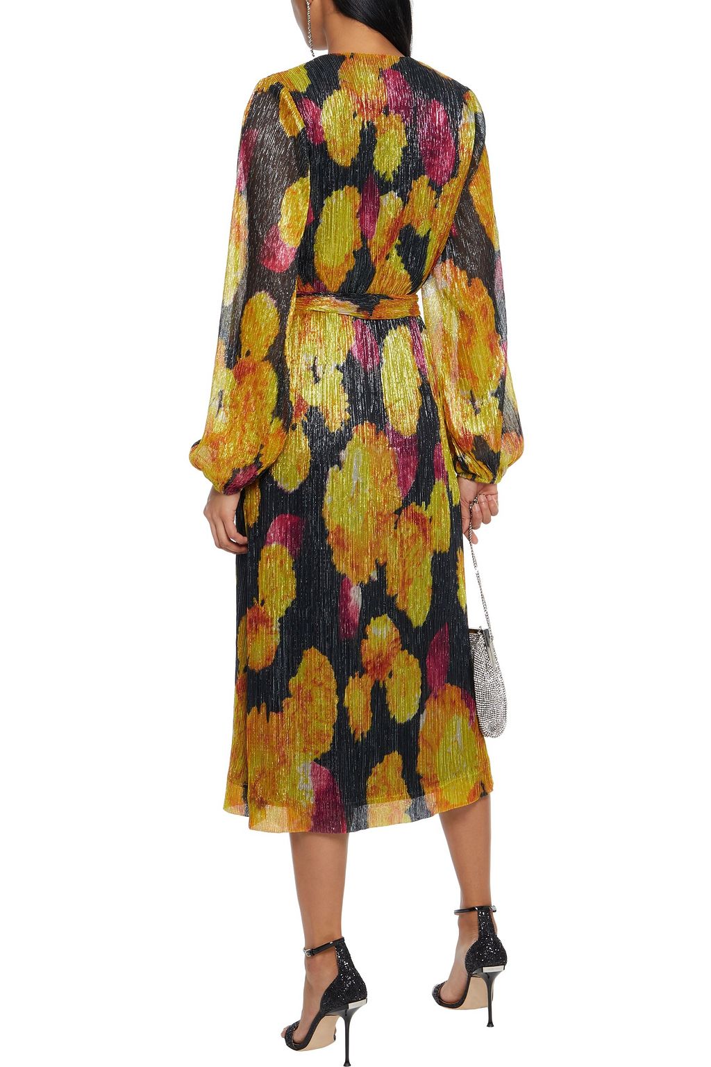 REBECCA VALLANCE Belladonna wrap-effect metallic printed plissé-jersey midi dress