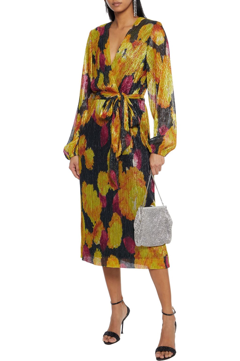 REBECCA VALLANCE Belladonna wrap-effect metallic printed plissé-jersey midi dress