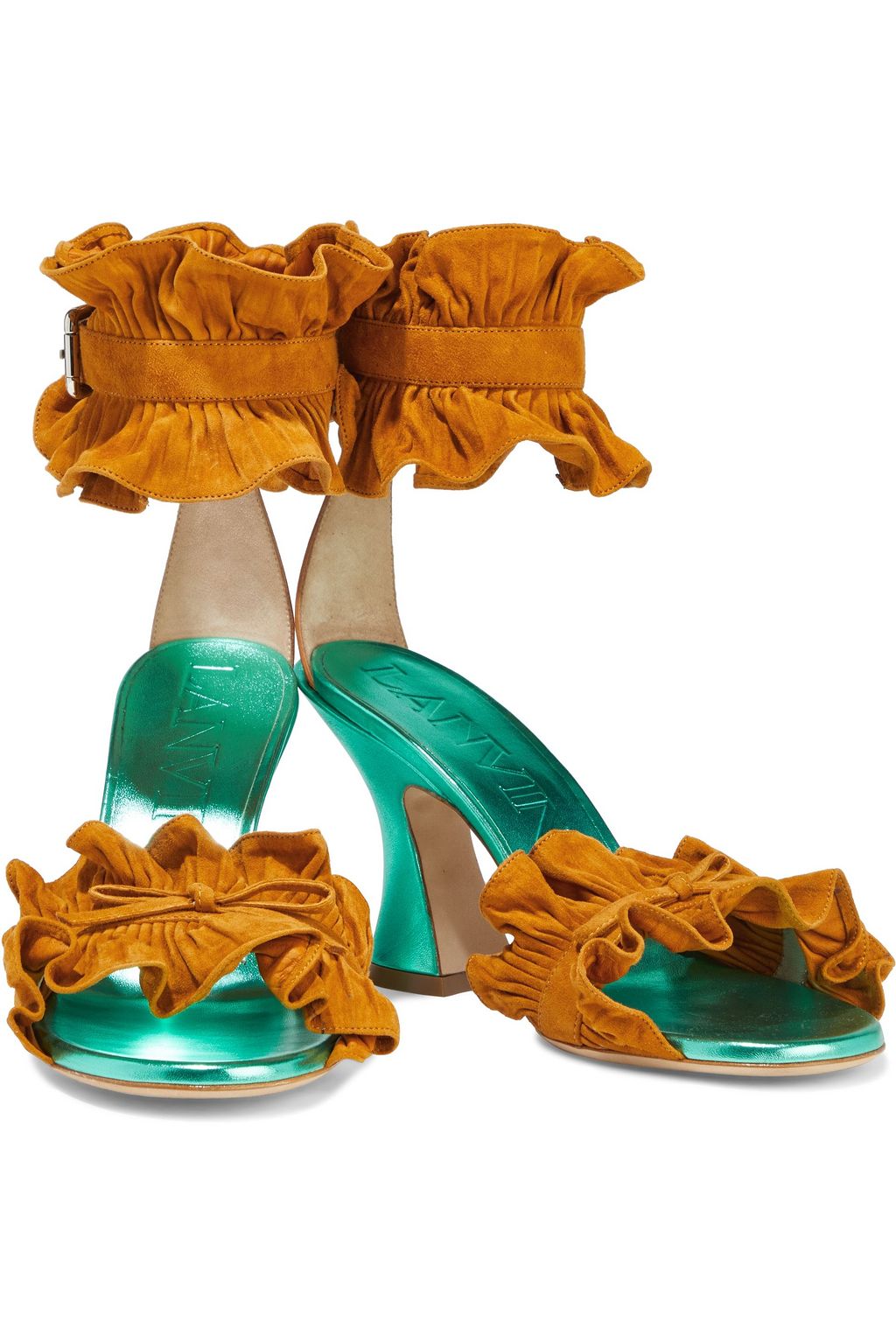 LANVIN Ruffled suede and metallic leather sandals