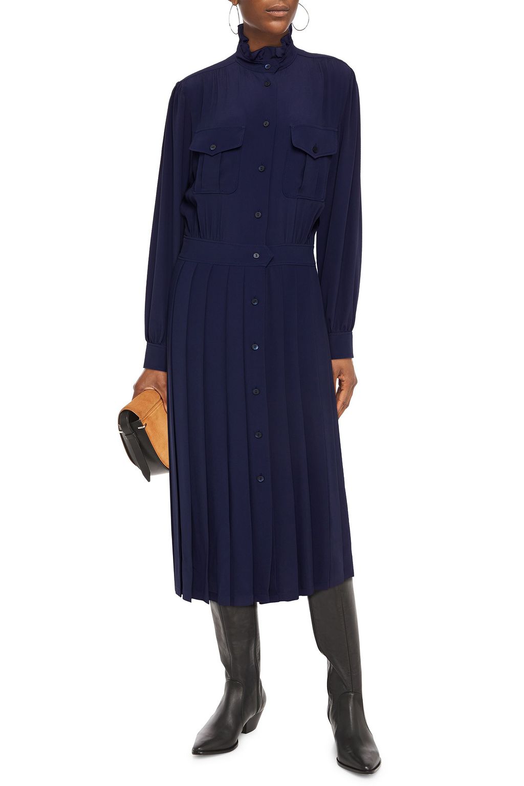 ALBERTA FERRETTI Pleated crepe de chine midi shirt dress
