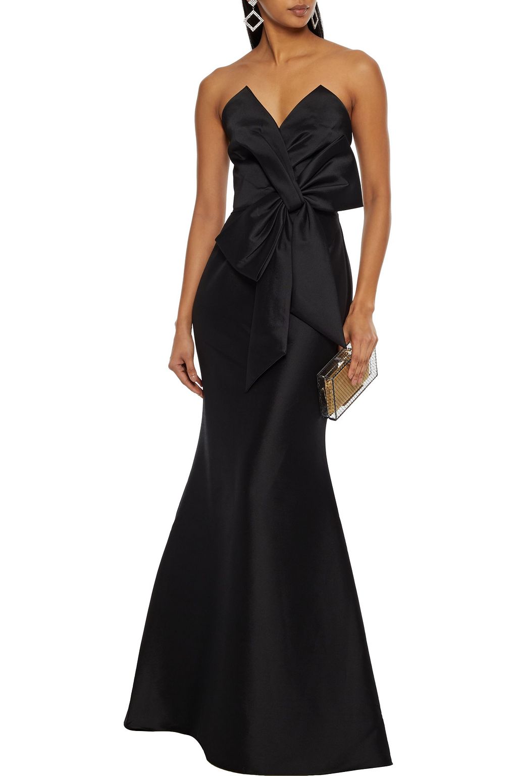 BADGLEY MISCHKA Strapless bow-embellished duchesse-satin gown