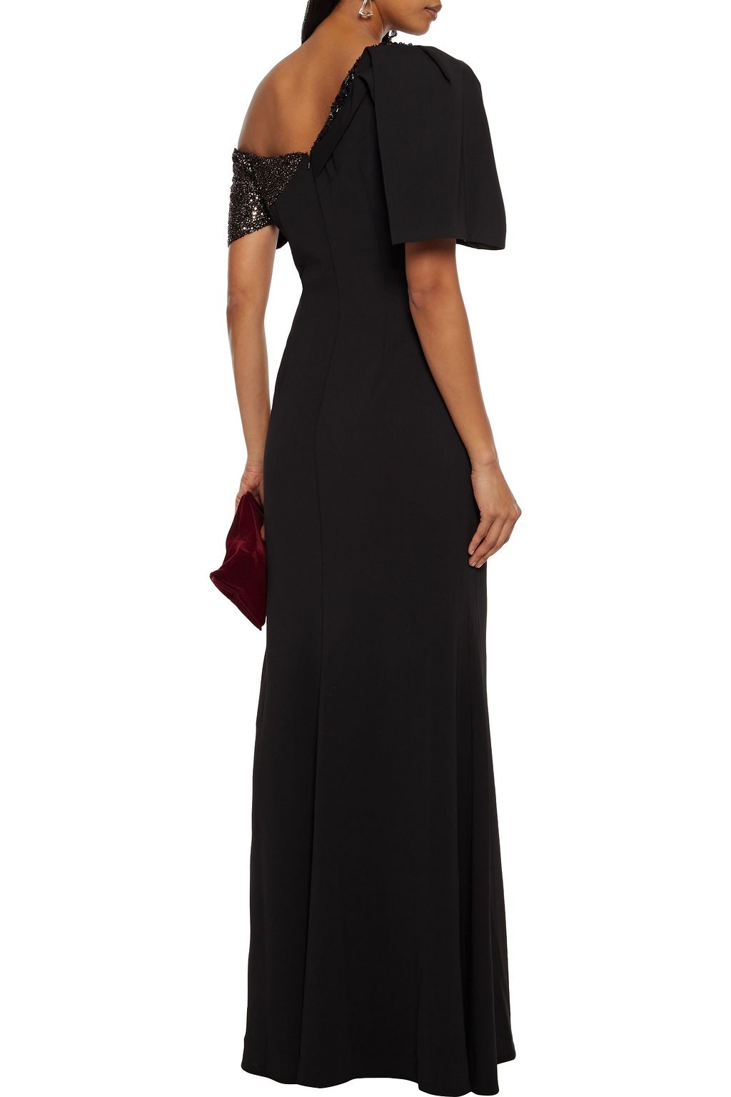 BADGLEY MISCHKA Off-the-shoulder embellished crepe gown