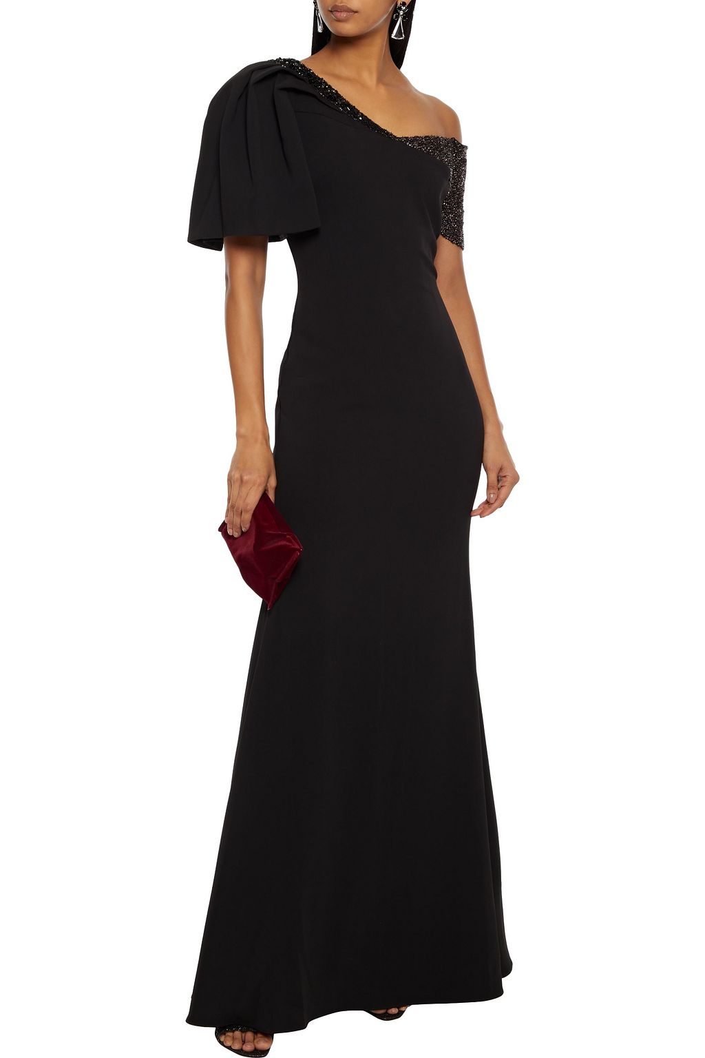 BADGLEY MISCHKA Off-the-shoulder embellished crepe gown