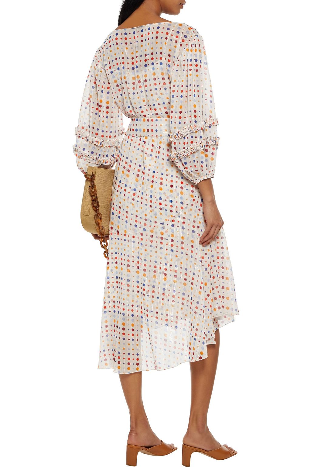 SACHIN & BABI Emma asymmetric belted polka-dot metallic chiffon dress