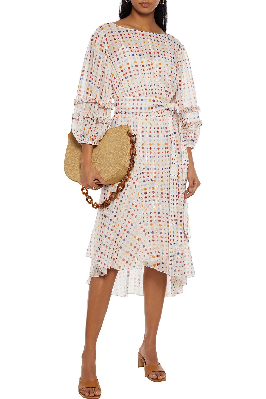 SACHIN & BABI Emma asymmetric belted polka-dot metallic chiffon dress