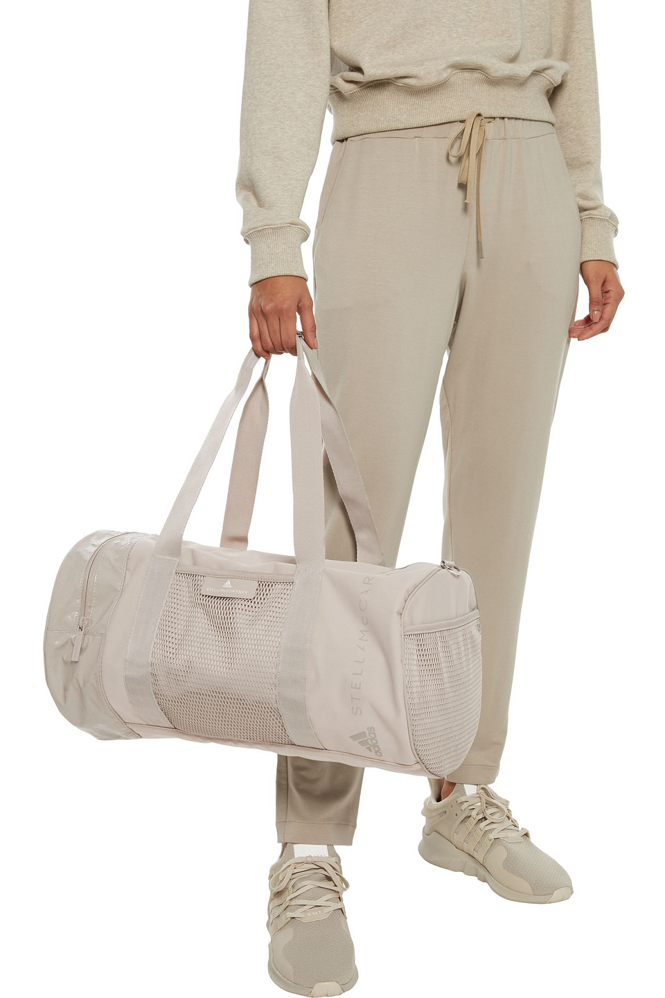 Adidas By Stella Mccartney Printed Shell And Mesh Duffle Bag In Beige