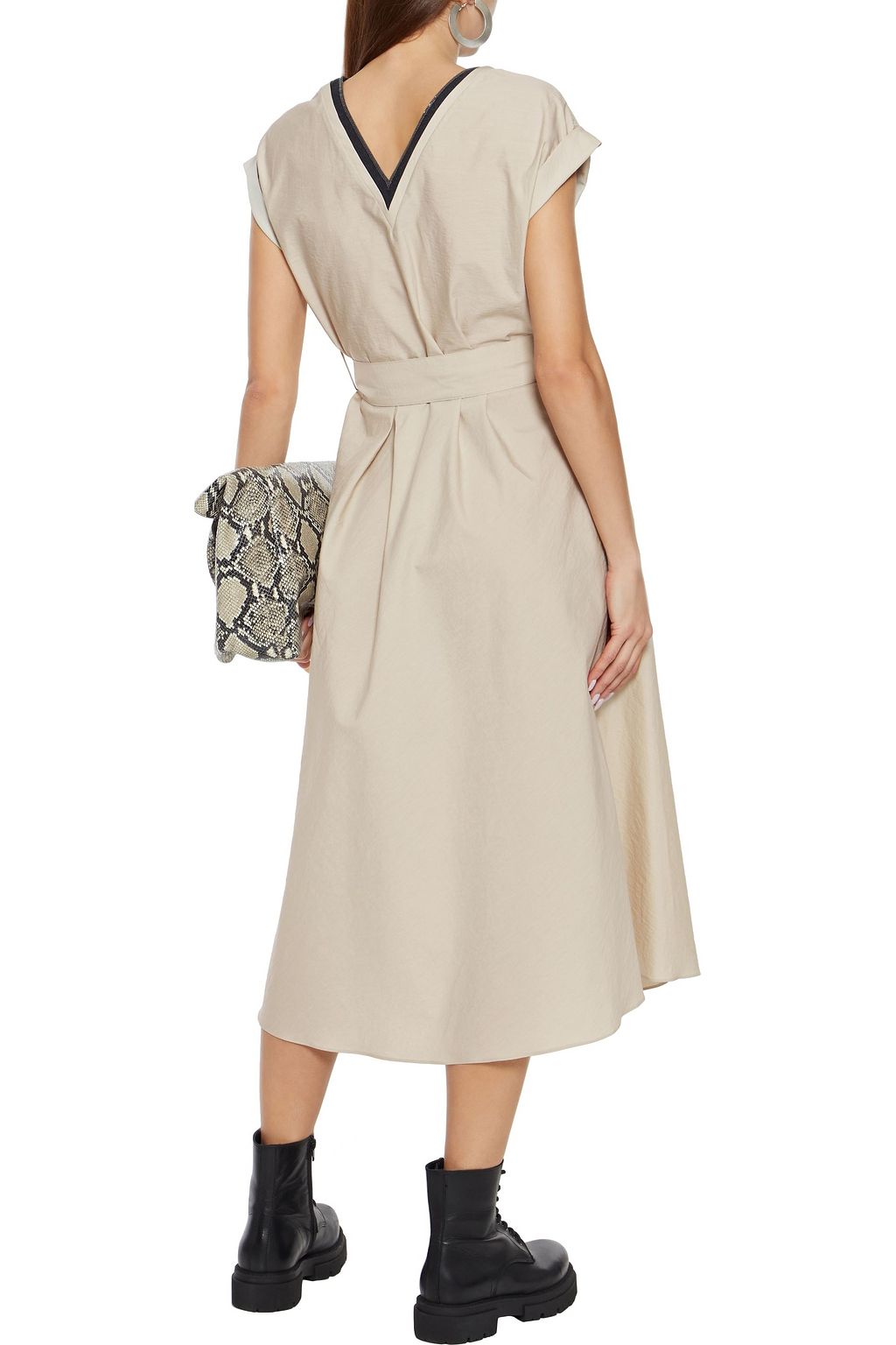 BRUNELLO CUCINELLI Bead-embellished belted crinkled cotton-blend midi dress