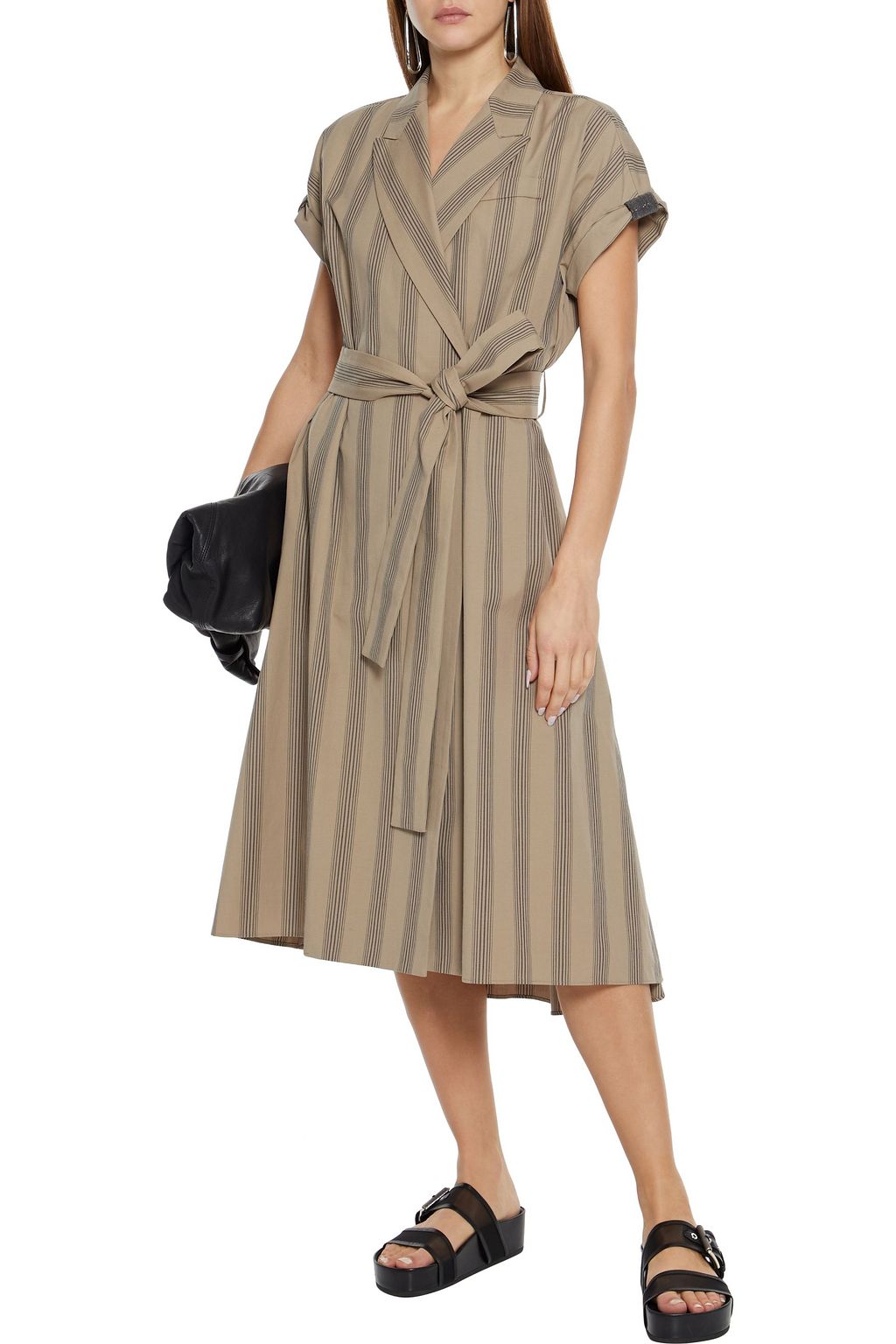 BRUNELLO CUCINELLI Wrap-effect bead-embellished striped cotton-blend midi dress