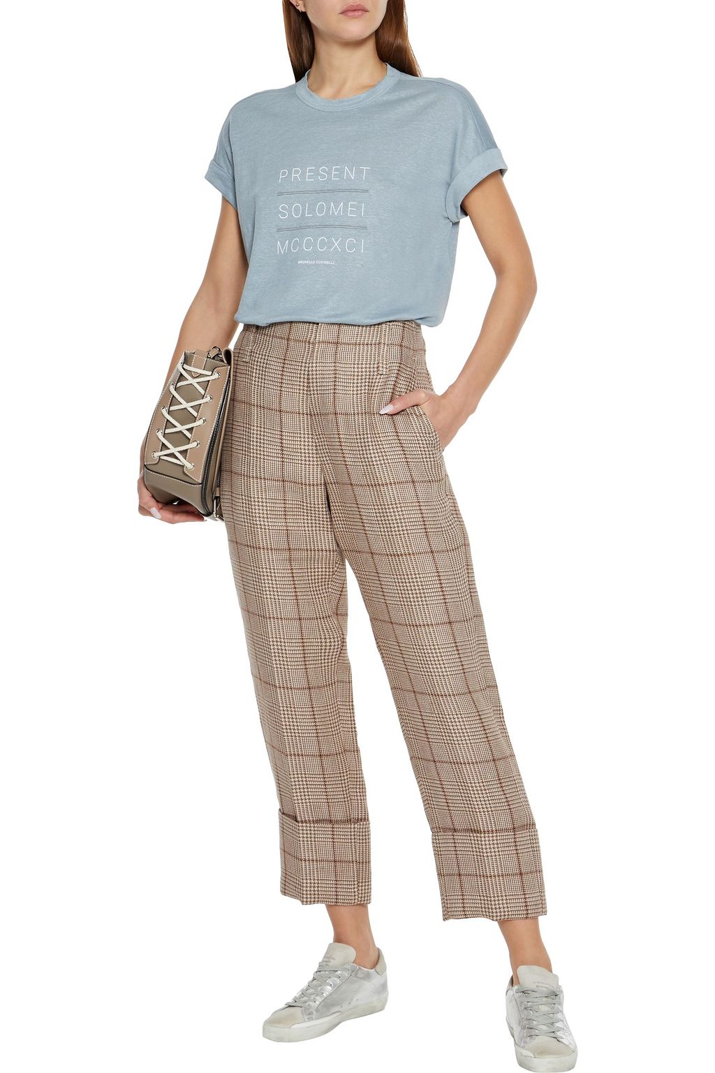 BRUNELLO CUCINELLI Cropped Prince of Wales checked linen straight-leg pants