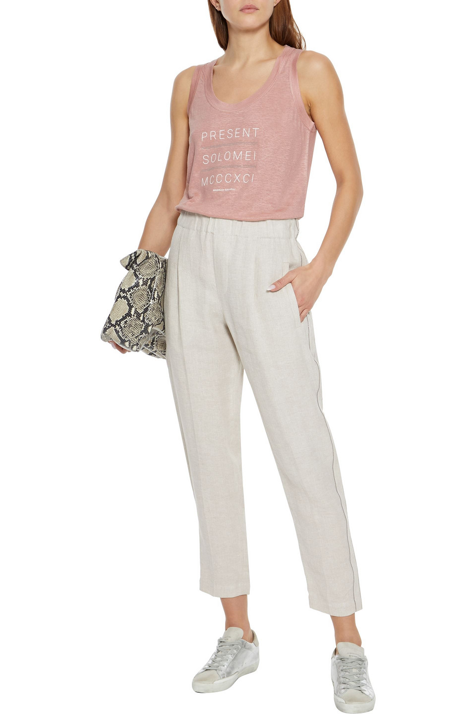 Click to view more detailed imagery on our partner's website Brunello Cucinelli Cropped Bead-embellished Linen-twill Tapered Pants In Neutral