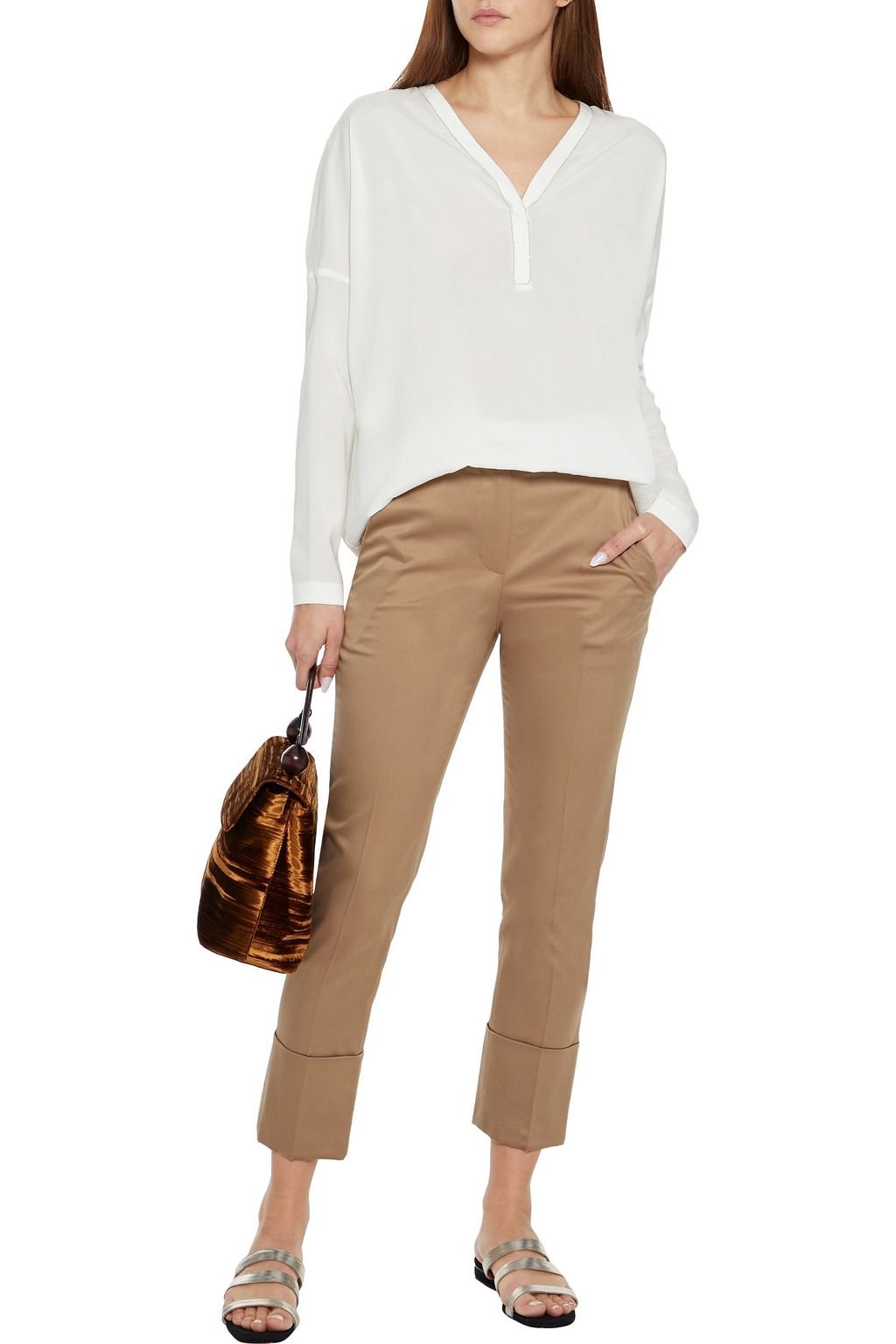 BRUNELLO CUCINELLI Cropped bead-embellished cotton-blend sateen slim-leg pants