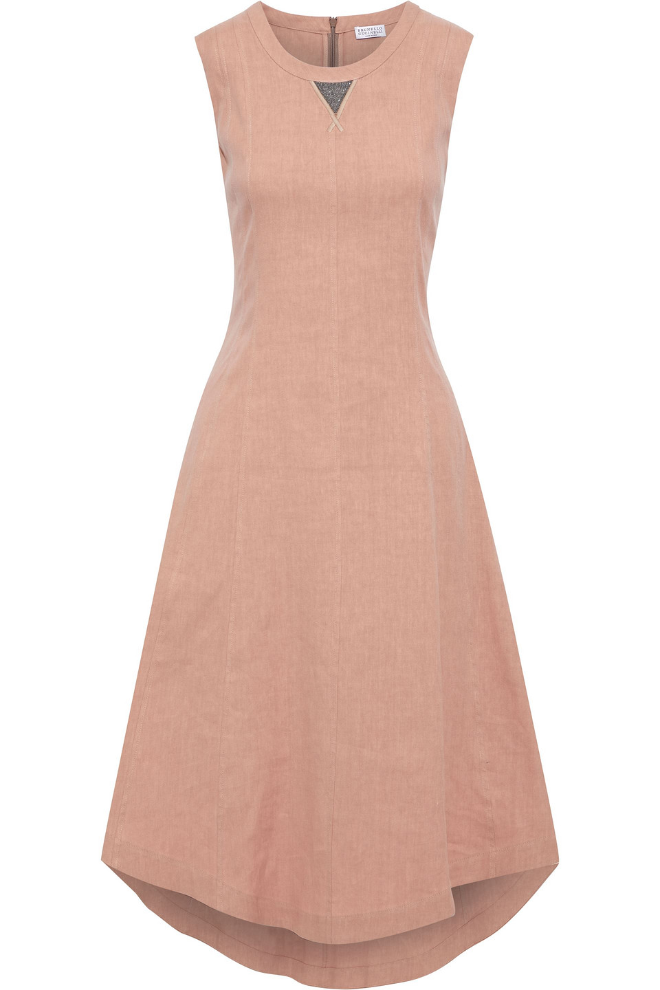 brunello cucinelli - asymmetric bead-embellished linen-blend midi dress - pink - m