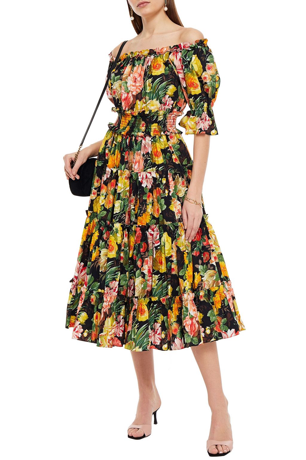 DOLCE&GABBANA Off-the-shoulder tiered floral-print cotton-poplin midi dress