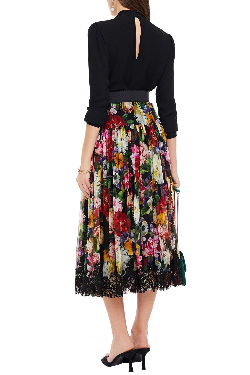 DOLCE&GABBANA Lace-trimmed floral-print silk-blend voile midi skirt