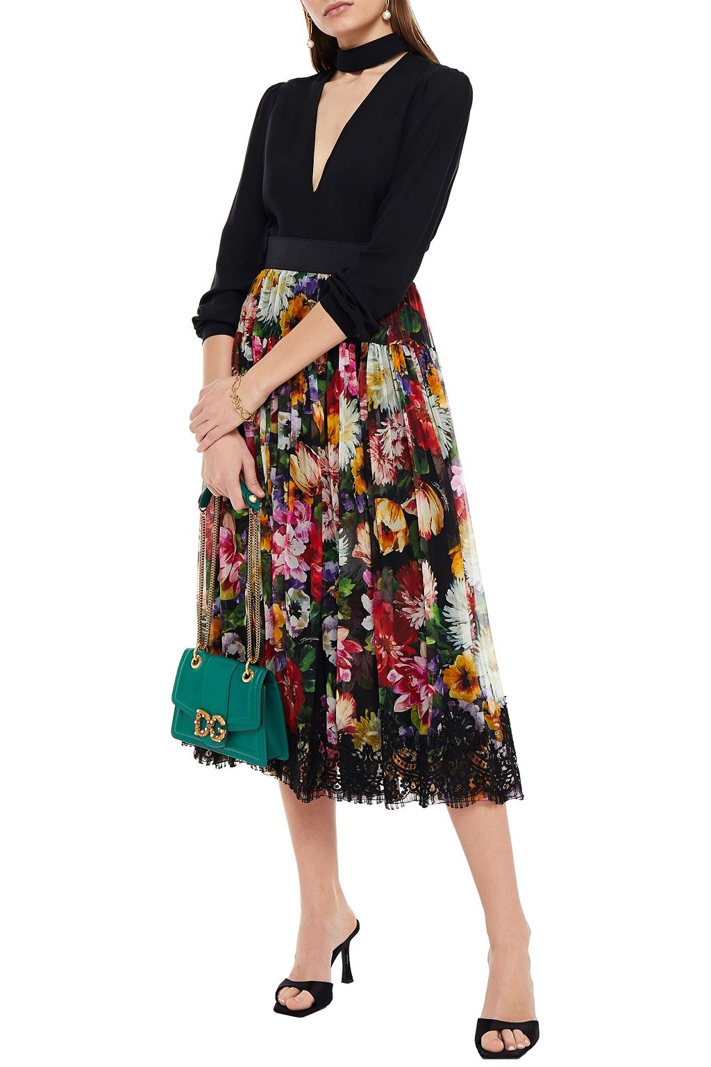 DOLCE&GABBANA Lace-trimmed floral-print silk-blend voile midi skirt